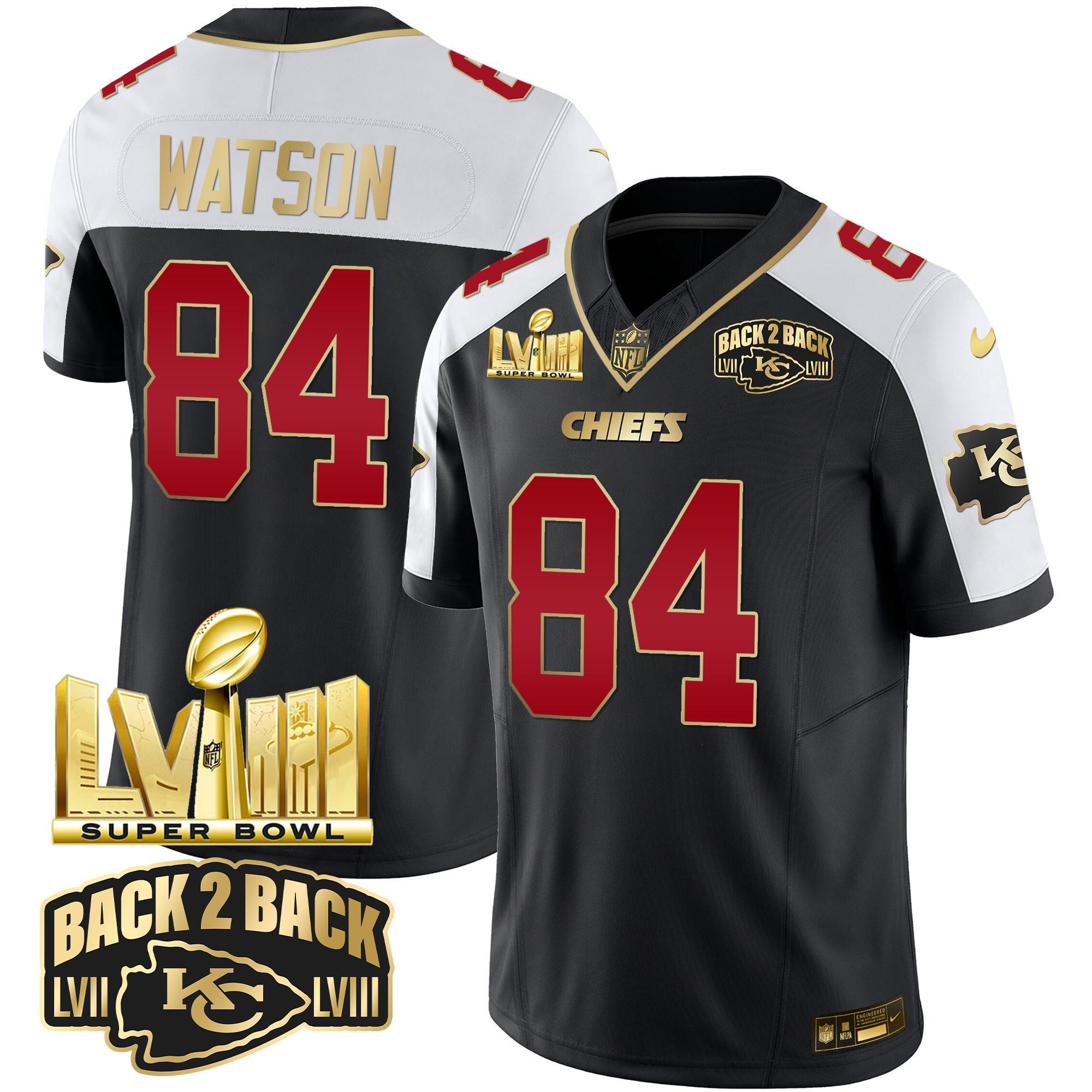 Justin Watson Men's Kansas City Chiefs Super Bowl LVIII & Back 2 Back Gold Patch Vapor Black Alternate Jersey - All Stitched