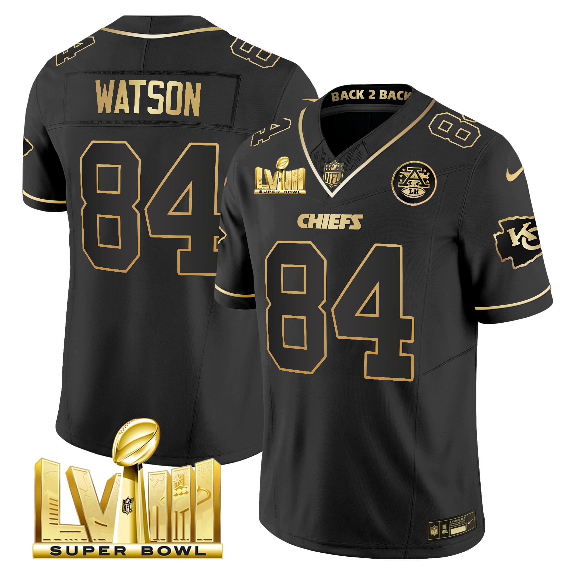 Justin Watson Men's Kansas City Chiefs Super Bowl LVIII & Back 2 Back Gold Patch Vapor Black Gold Jersey - All Stitched