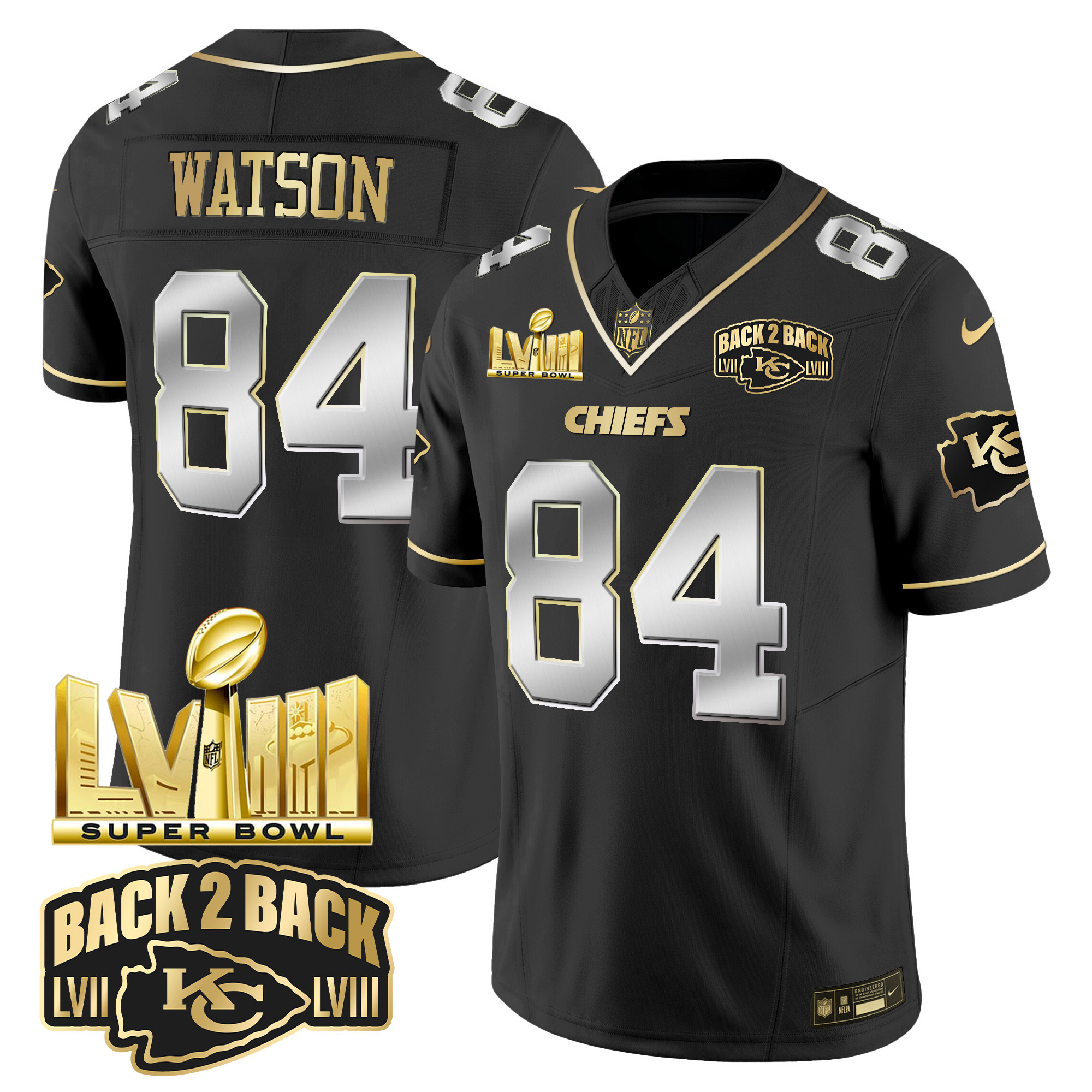 Justin Watson Men's Kansas City Chiefs Super Bowl LVIII & Back 2 Back Gold Patch Vapor Black Limited Jersey - All Stitched