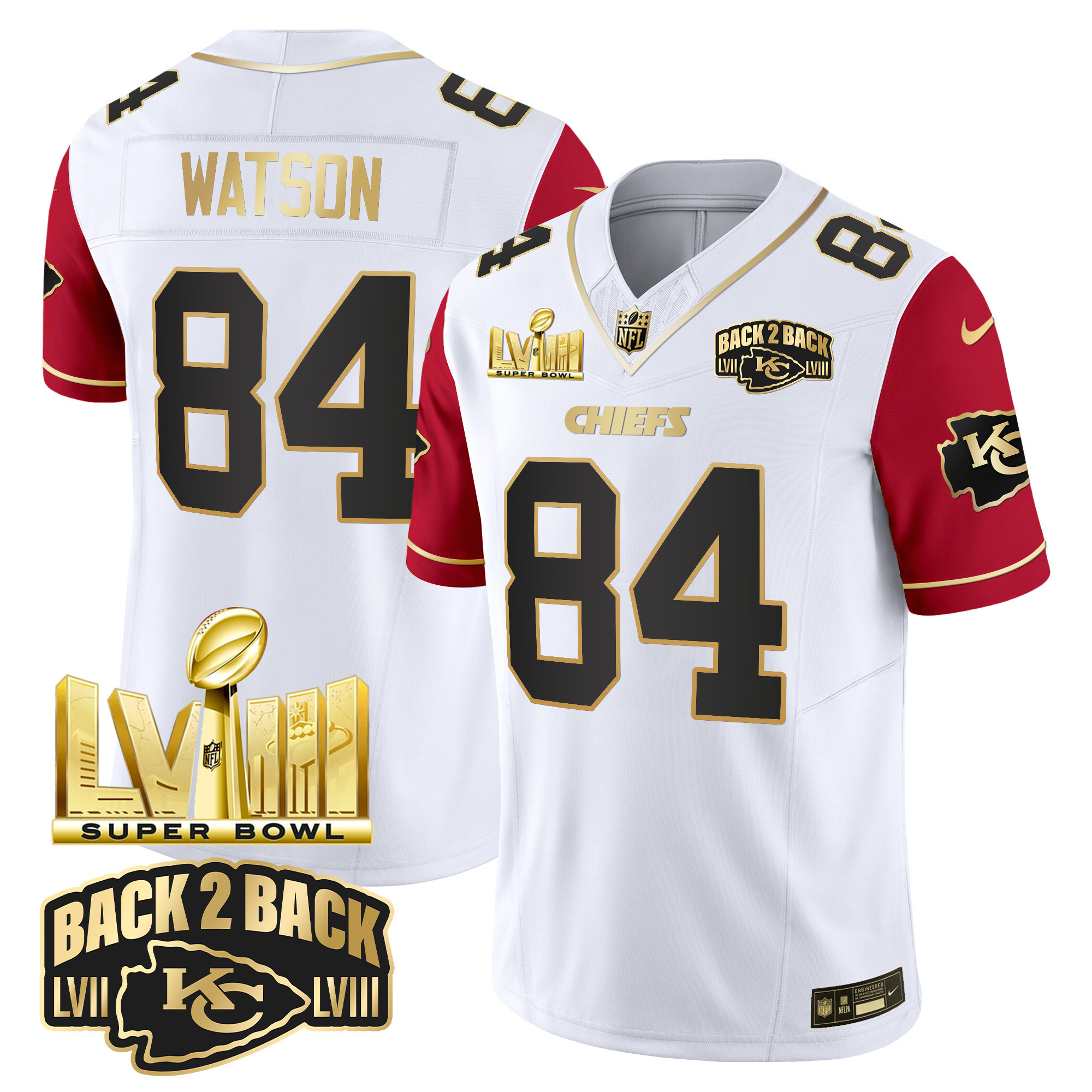 Justin Watson Men's Kansas City Chiefs Super Bowl LVIII & Back 2 Back Gold Patch Vapor Color Sleeves Jersey - All Stitched