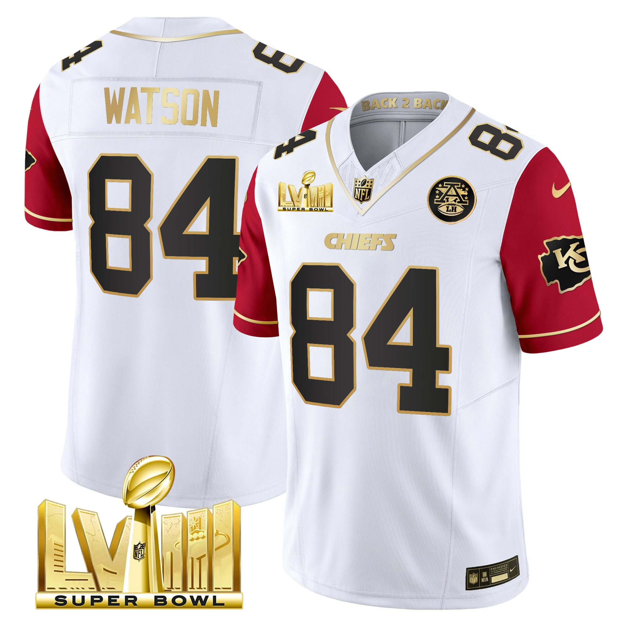 Justin Watson Men's Kansas City Chiefs Super Bowl LVIII & Back 2 Back Gold Patch Vapor Color Sleeves Jersey - All Stitched