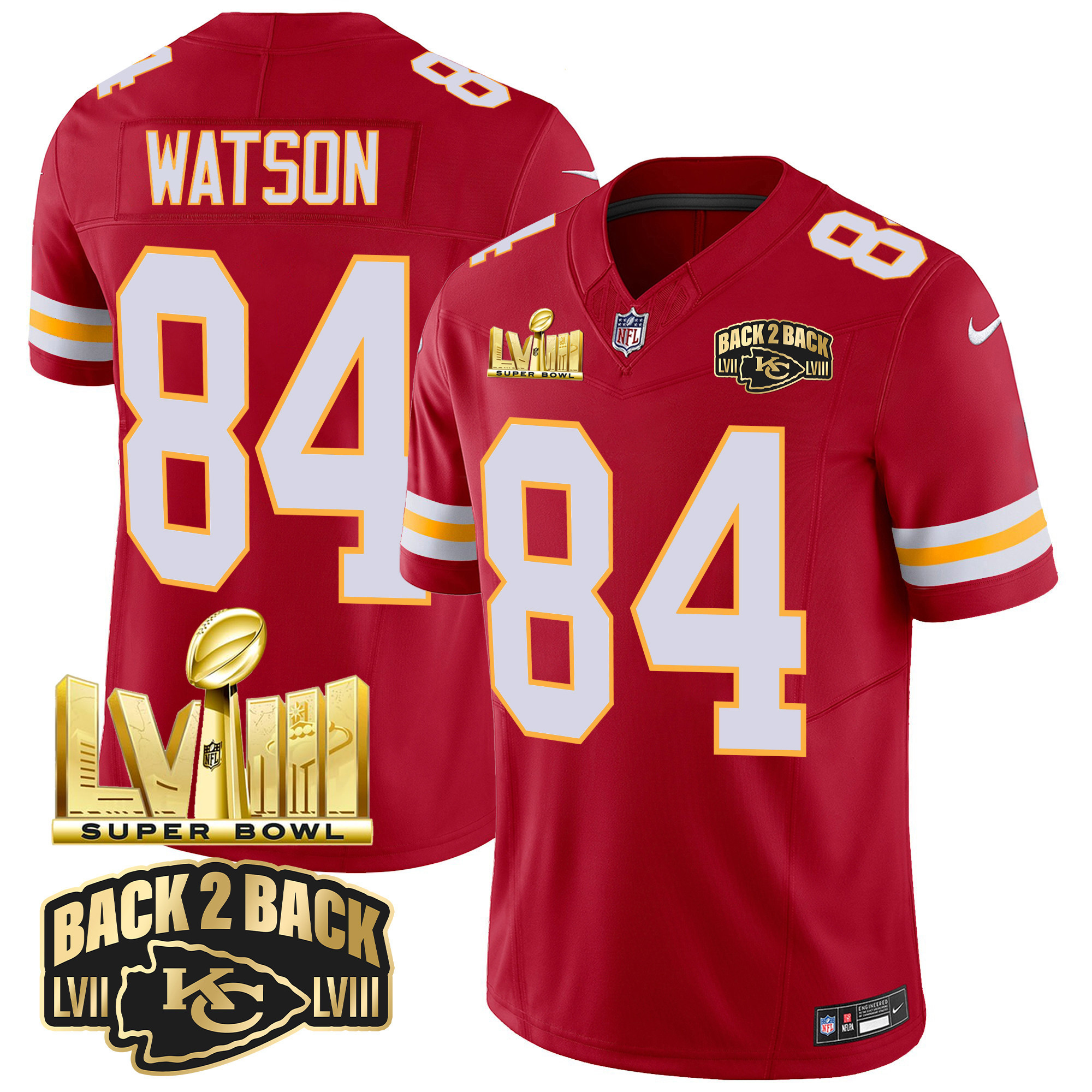 Justin Watson Men's Kansas City Chiefs Super Bowl LVIII & Back 2 Back Gold Patch Vapor Red Jersey - All Stitched