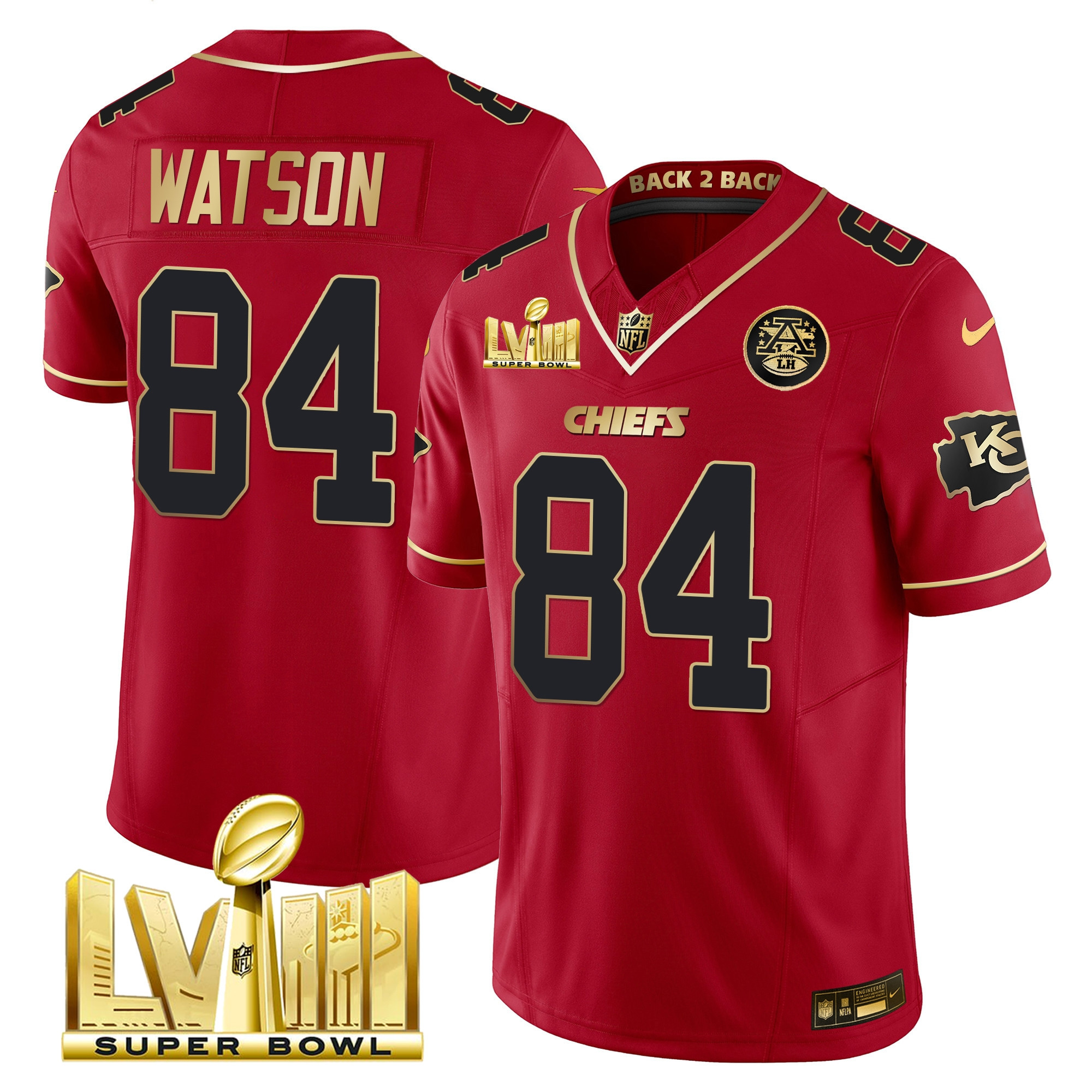 Justin Watson Men's Kansas City Chiefs Super Bowl LVIII & Back 2 Back Gold Patch Vapor Red Special Jersey - All Stitched