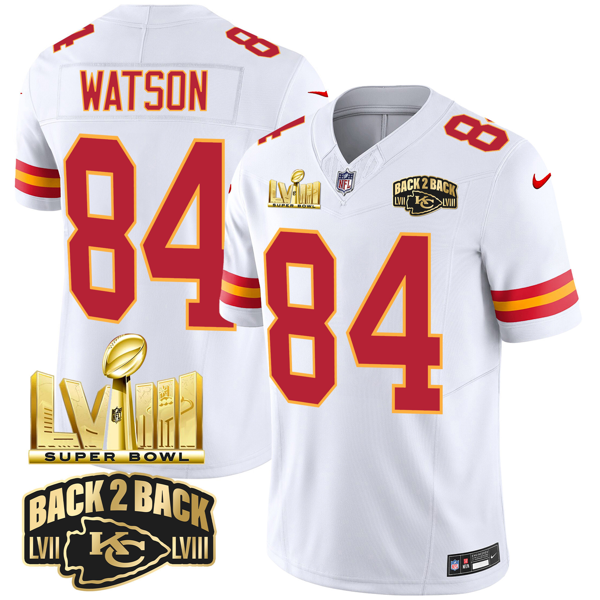 Justin Watson Men's Kansas City Chiefs Super Bowl LVIII & Back 2 Back Gold Patch Vapor White Jersey - All Stitched