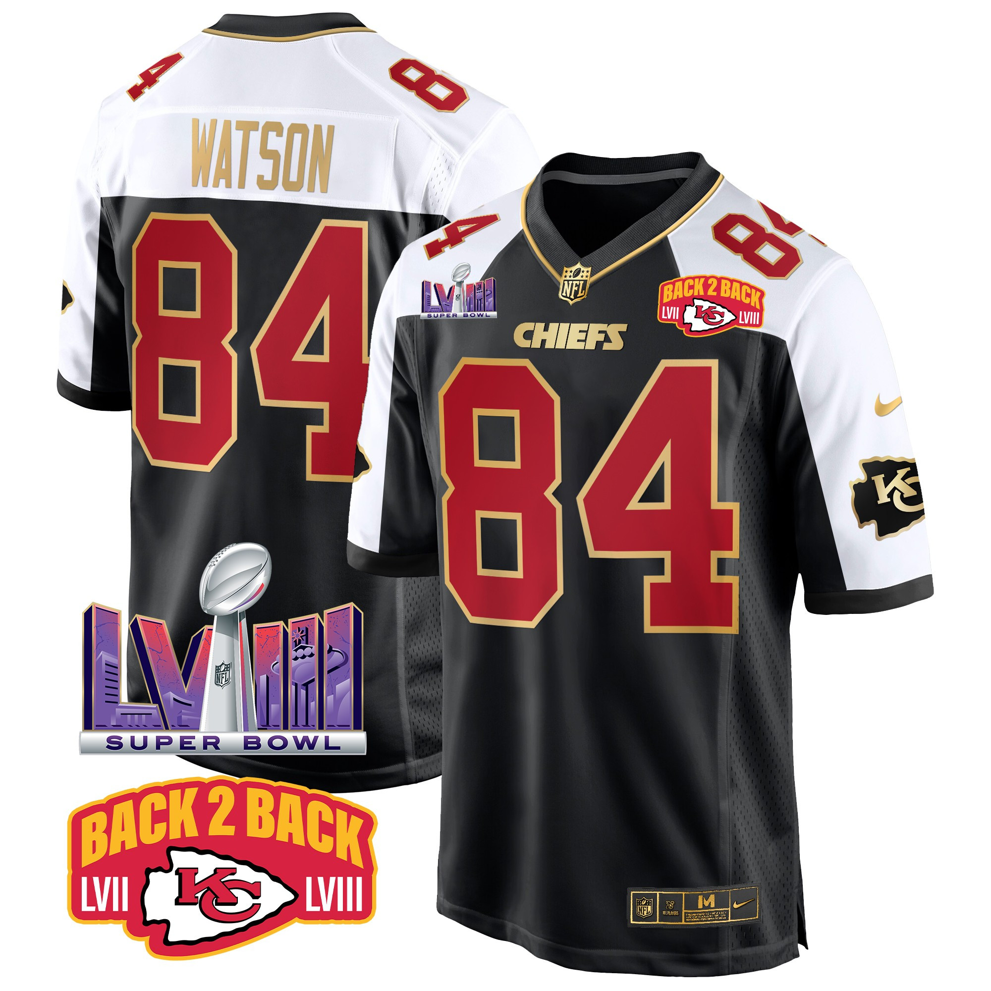 Justin Watson Men's Kansas City Chiefs Super Bowl LVIII & Back 2 Back Patch Game Black Alternate Jersey - All Stitched