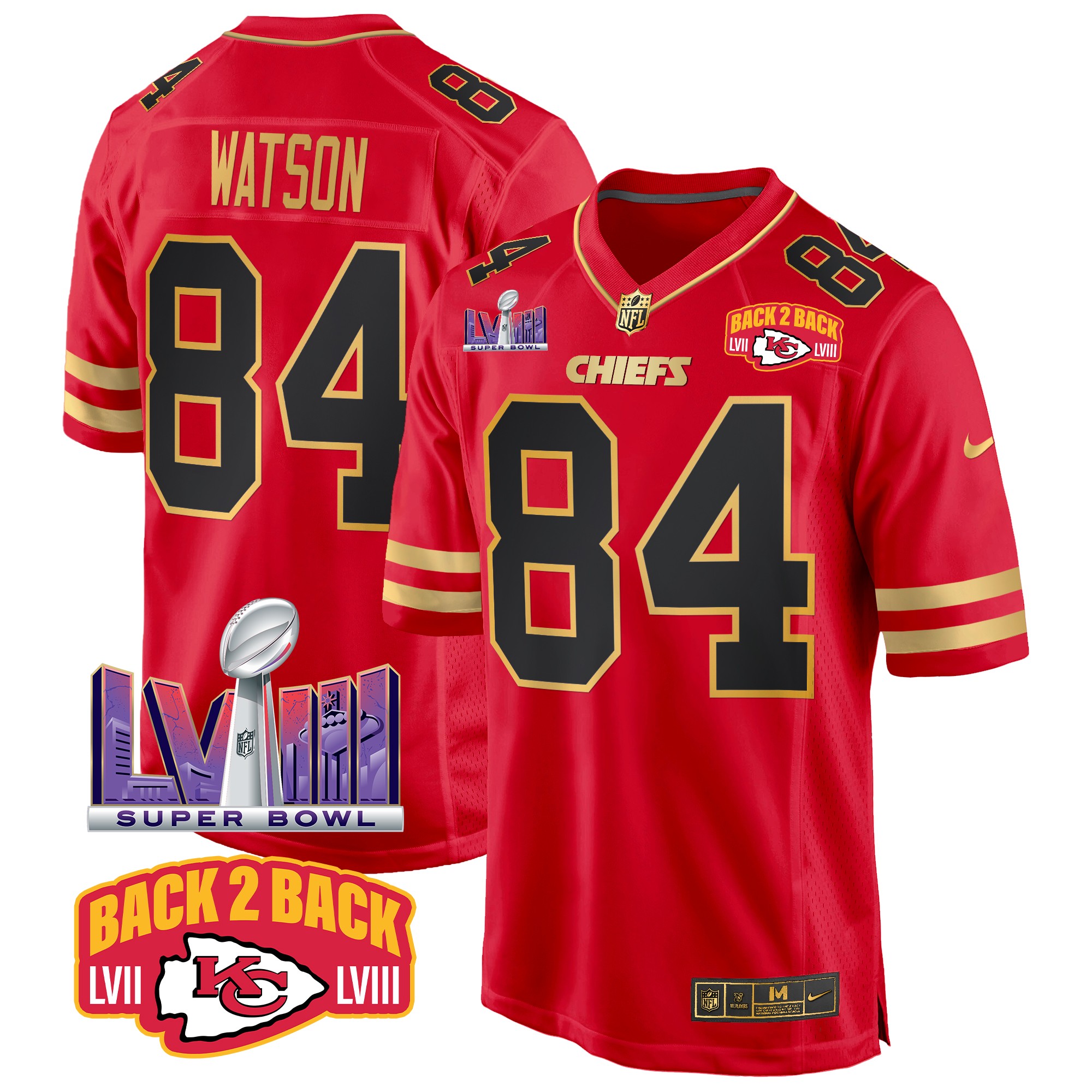 Justin Watson Men's Kansas City Chiefs Super Bowl LVIII & Back 2 Back Patch Game Black Red Jersey - All Stitched