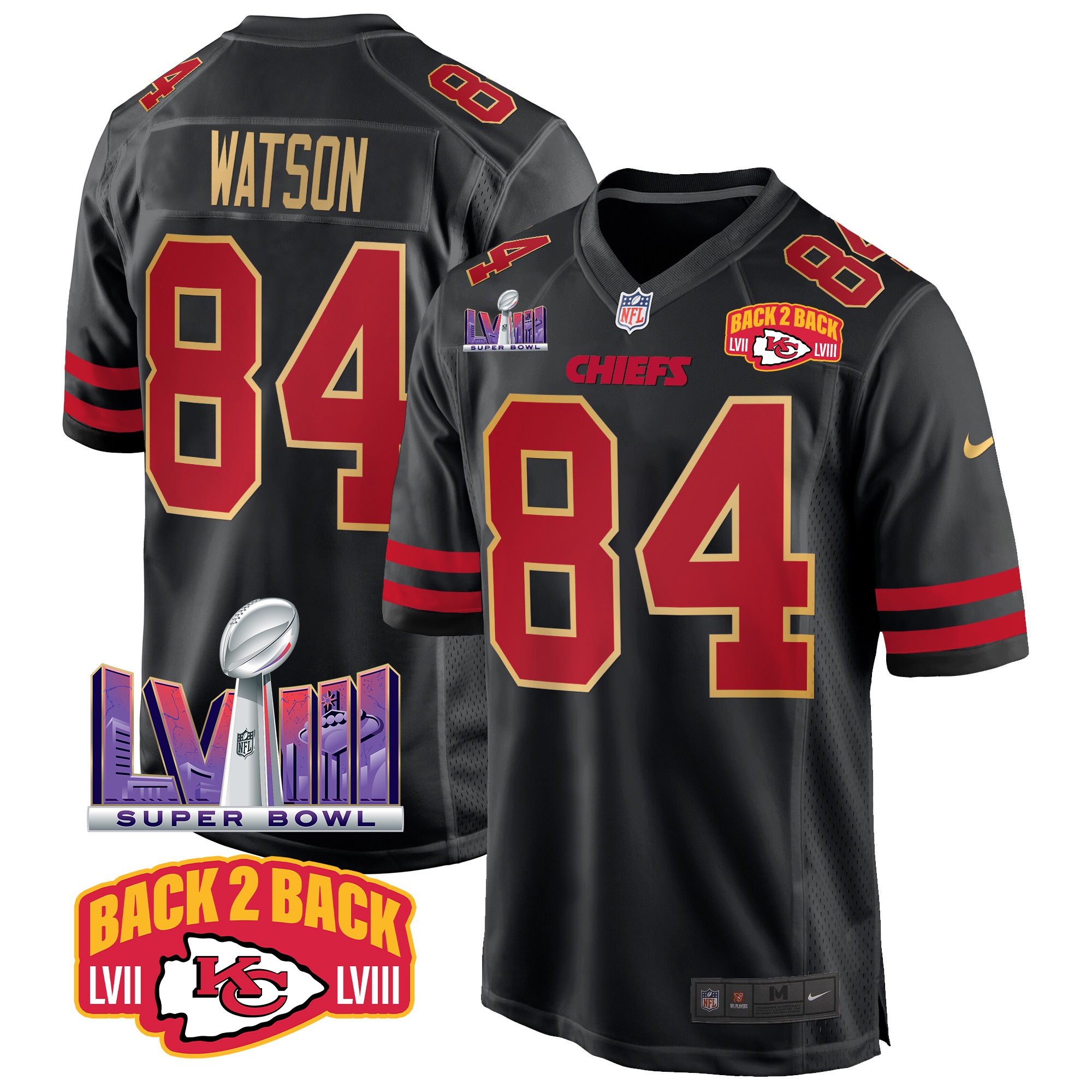 Justin Watson Men's Kansas City Chiefs Super Bowl LVIII & Back 2 Back Patch Game Gold Trim Jersey - All Stitched
