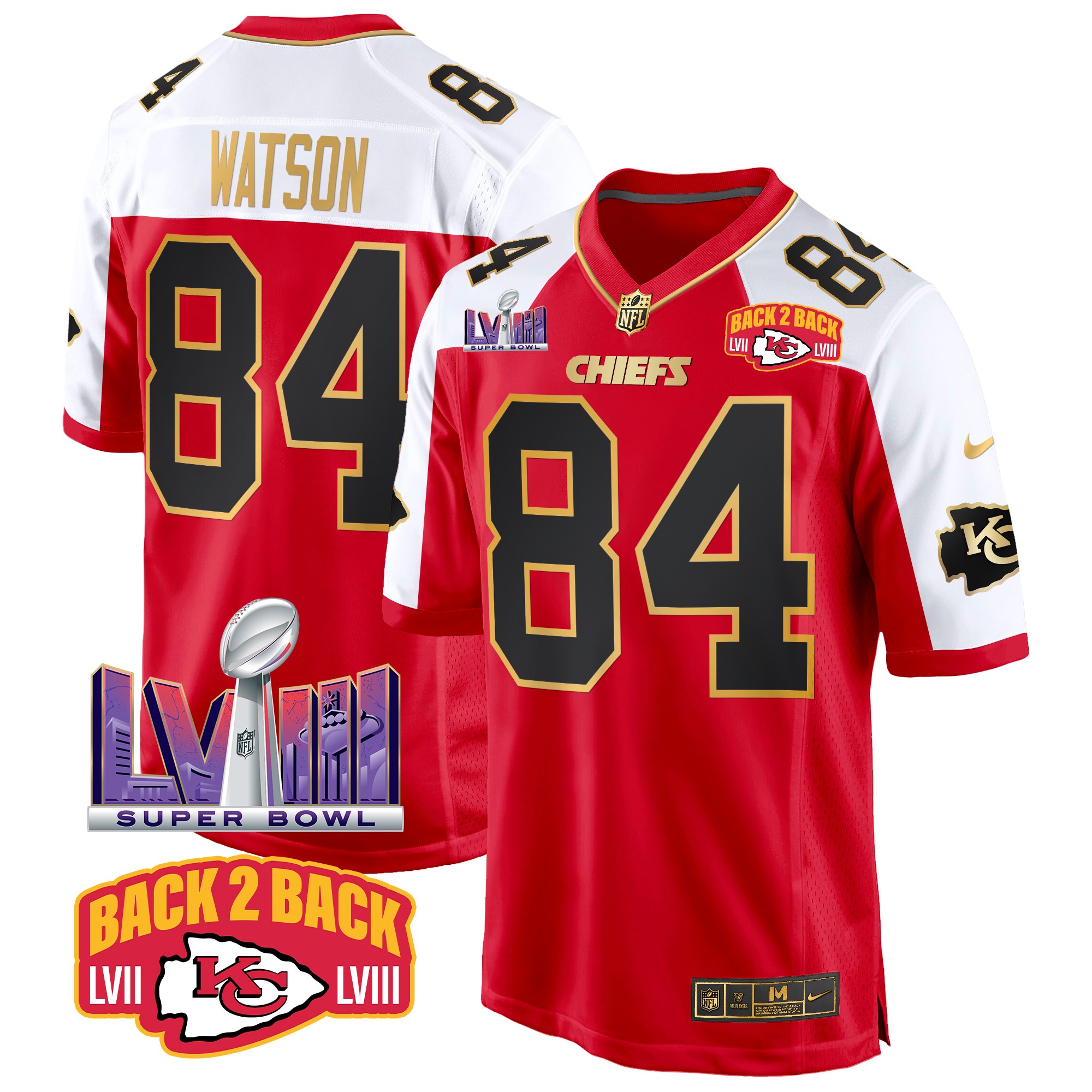 Justin Watson Men's Kansas City Chiefs Super Bowl LVIII & Back 2 Back Patch Game Red Alternate Jersey - All Stitched
