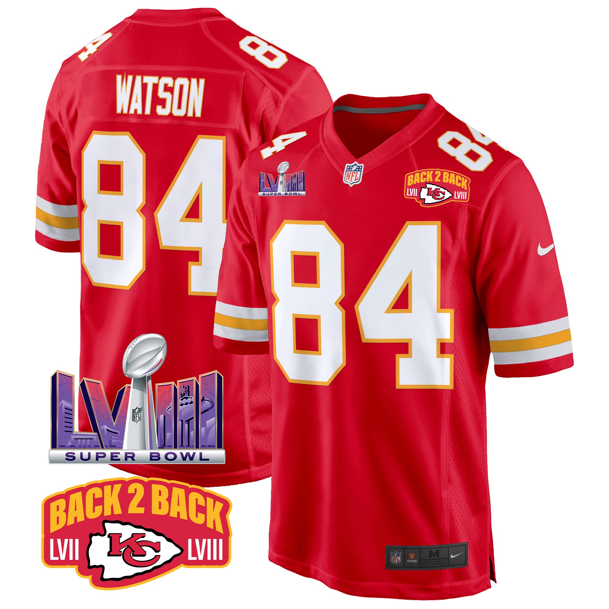 Justin Watson Men's Kansas City Chiefs Super Bowl LVIII & Back 2 Back Patch Game Red Jersey - All Stitched
