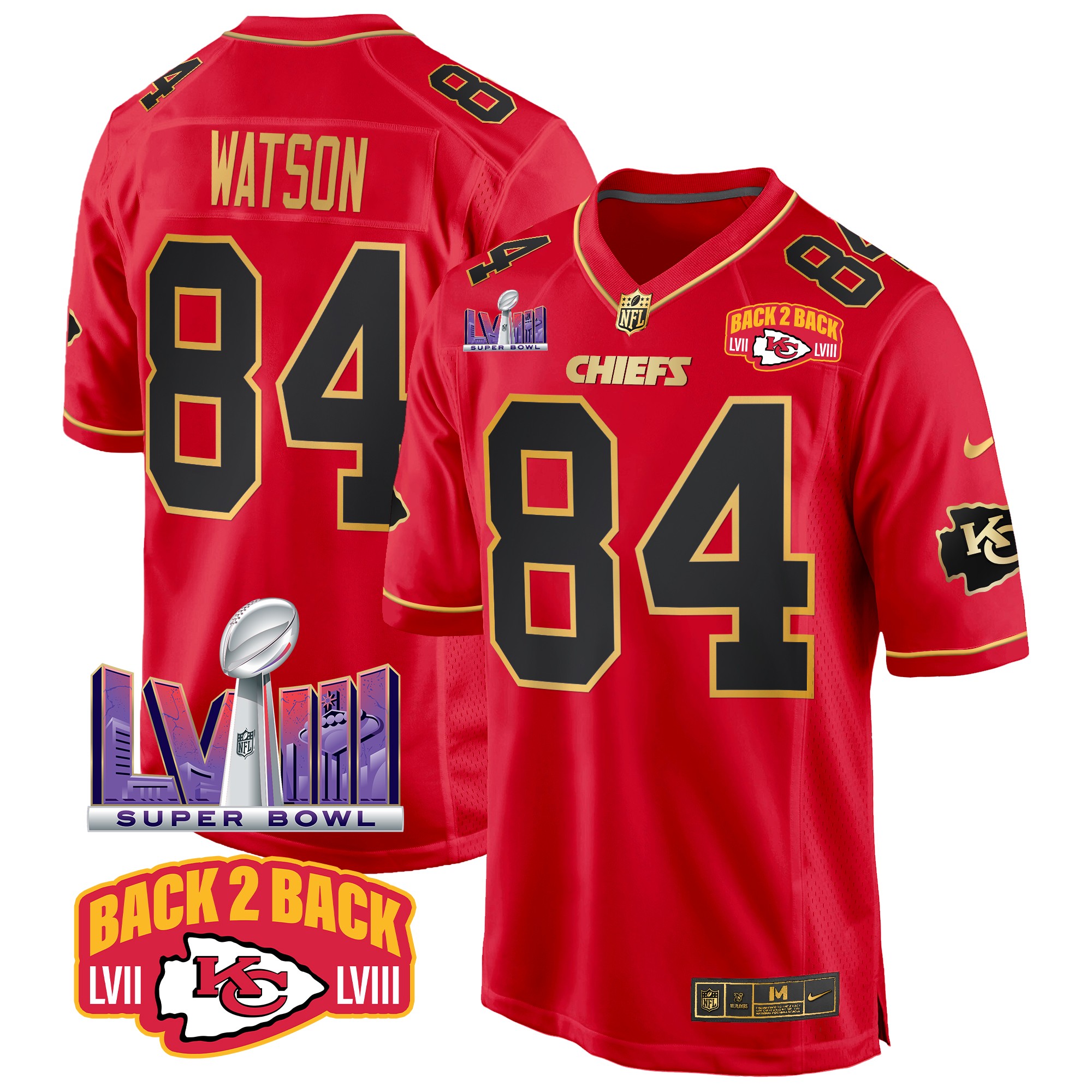 Justin Watson Men's Kansas City Chiefs Super Bowl LVIII & Back 2 Back Patch Game Red Special Jersey - All Stitched