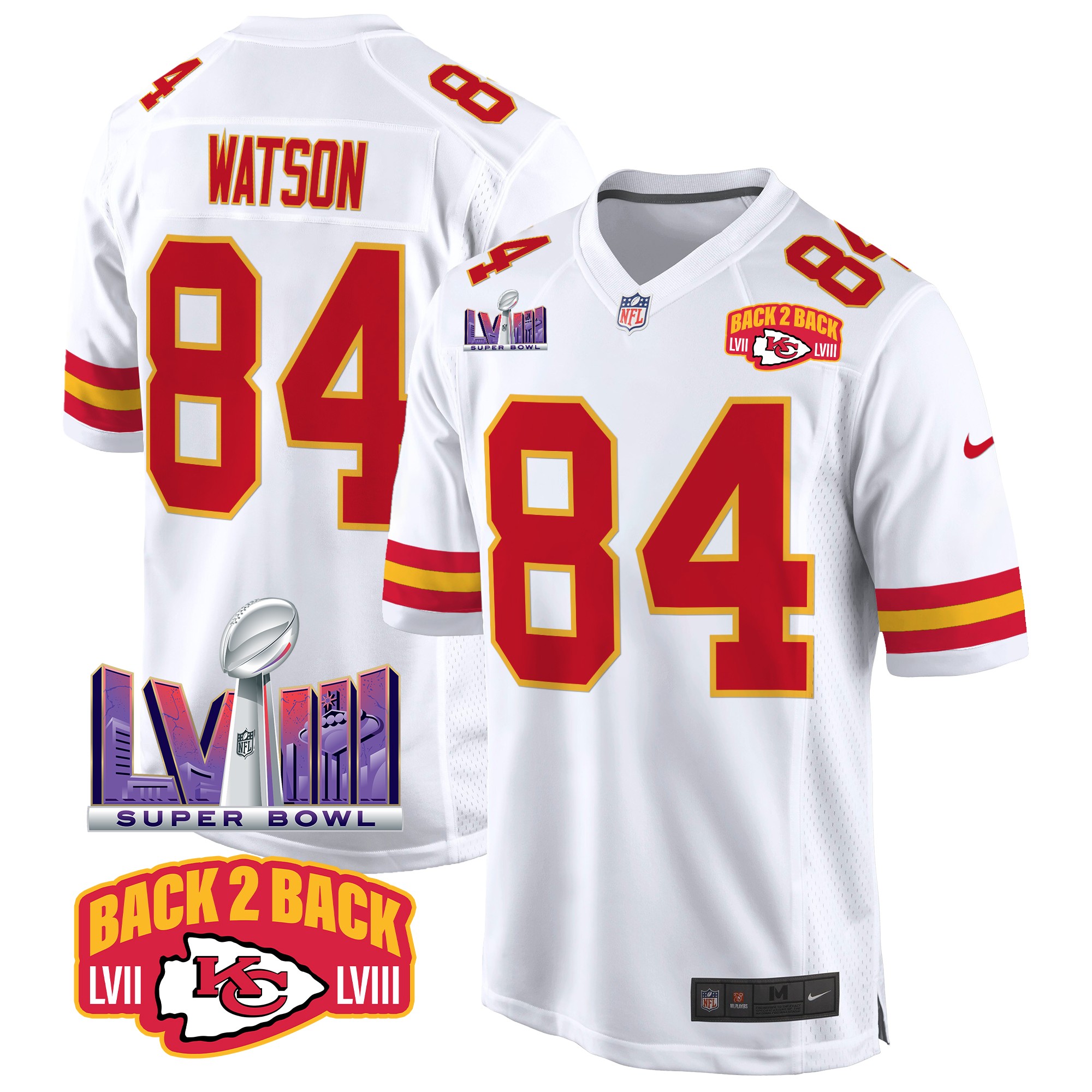 Justin Watson Men's Kansas City Chiefs Super Bowl LVIII & Back 2 Back Patch Game White Jersey - All Stitched