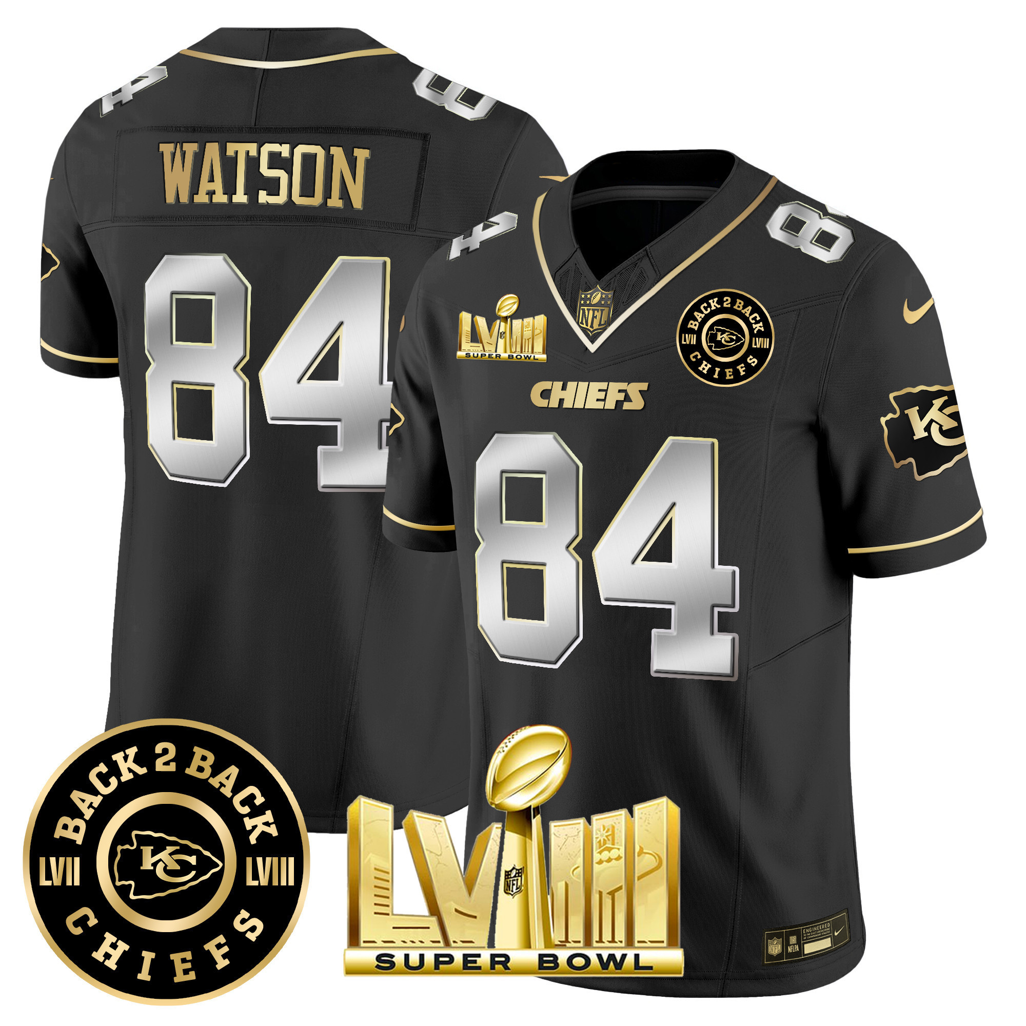 Justin Watson Men's Kansas City Chiefs Super Bowl LVIII & Back 2 Back Patch Vapor Black Limited Jersey - All Stitched