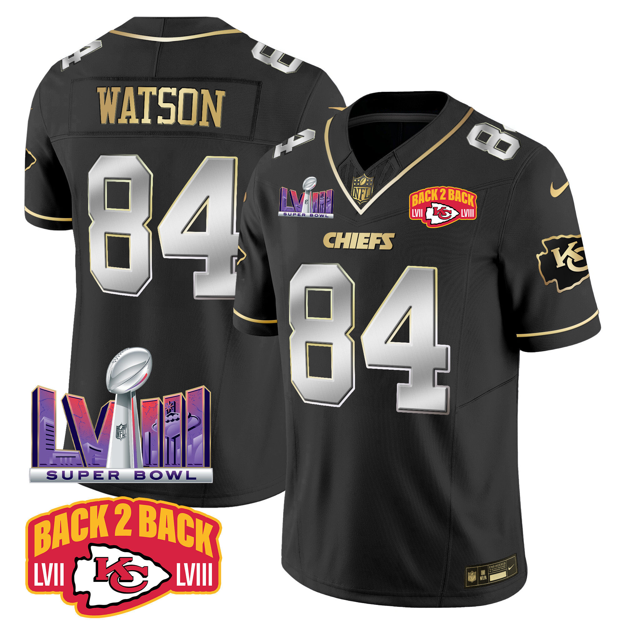 Justin Watson Men's Kansas City Chiefs Super Bowl LVIII & Back 2 Back Patch Vapor Black Limited Jersey - All Stitched