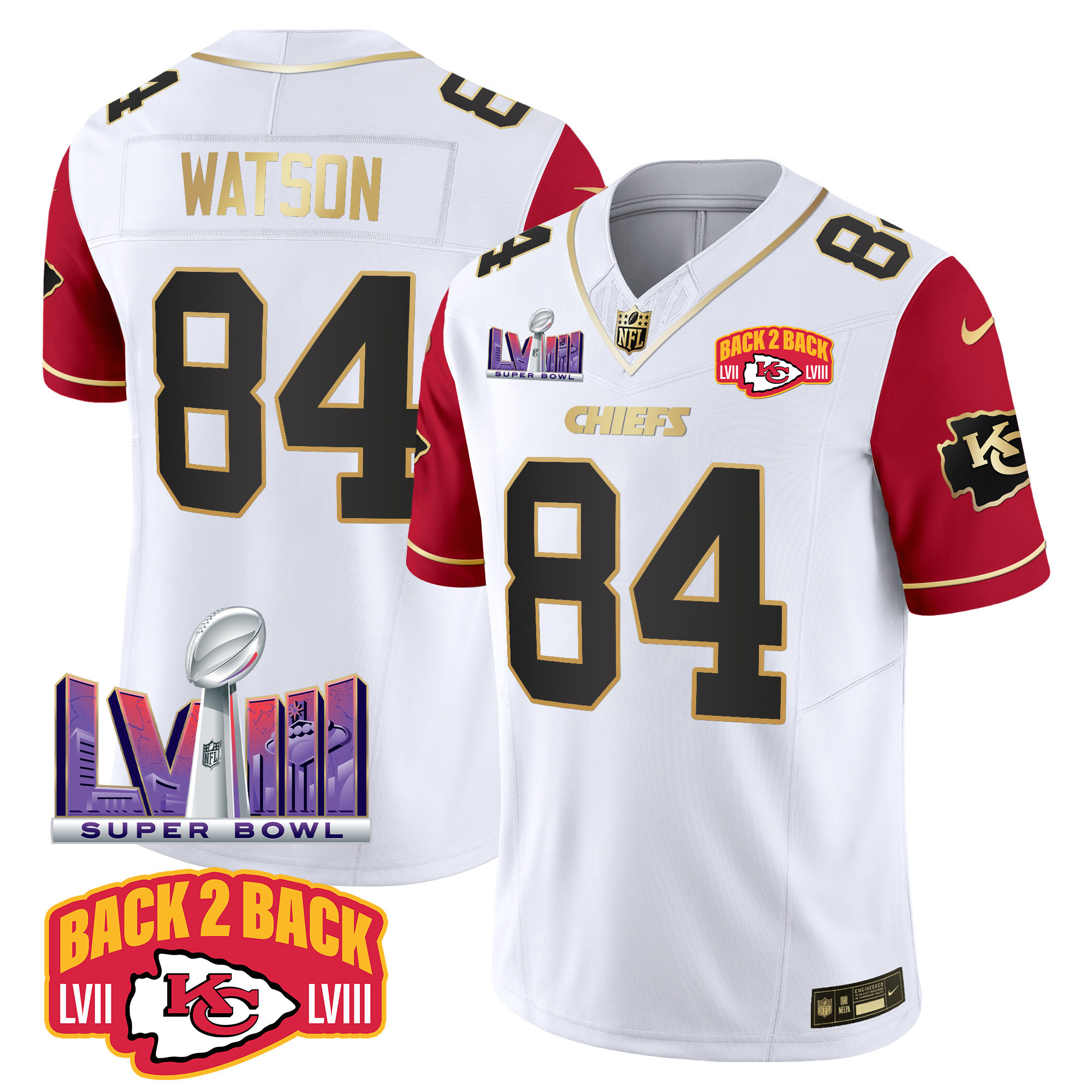 Justin Watson Men's Kansas City Chiefs Super Bowl LVIII & Back 2 Back Patch Vapor Color Sleeves Jersey - All Stitched