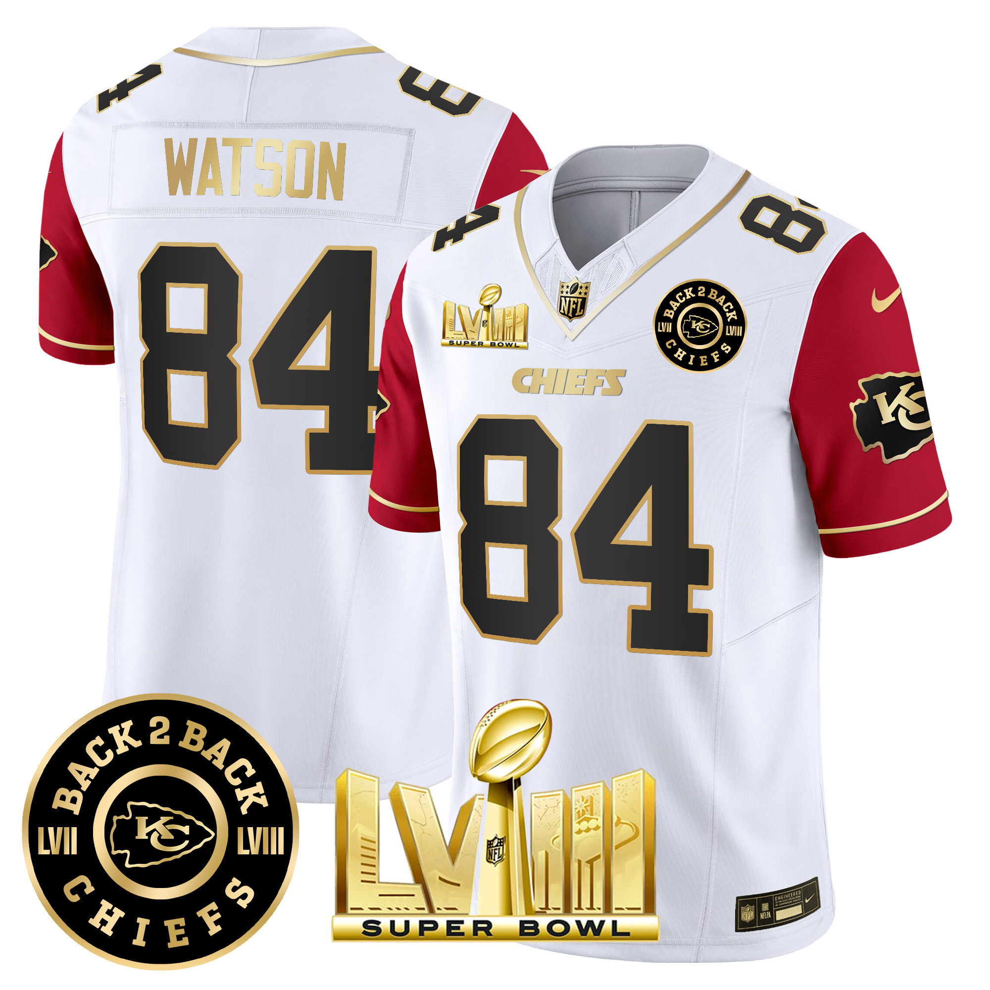 Justin Watson Men's Kansas City Chiefs Super Bowl LVIII & Back 2 Back Patch Vapor Color Sleeves Jersey - All Stitched