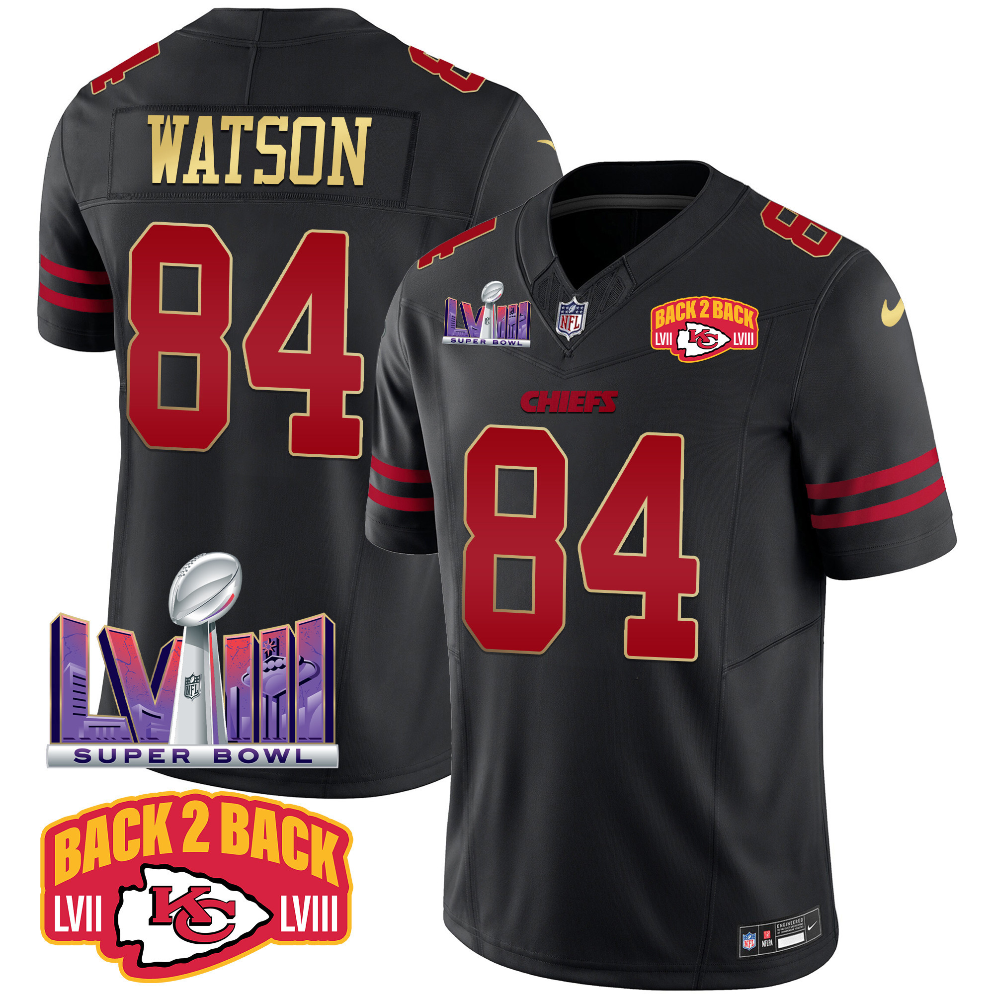 Justin Watson Men's Kansas City Chiefs Super Bowl LVIII & Back 2 Back Patch Vapor Gold Trim Jersey - All Stitched