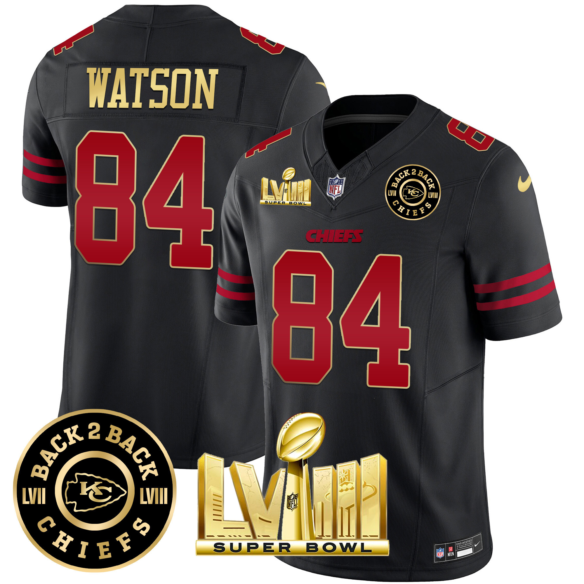 Justin Watson Men's Kansas City Chiefs Super Bowl LVIII & Back 2 Back Patch Vapor Gold Trim Jersey - All Stitched