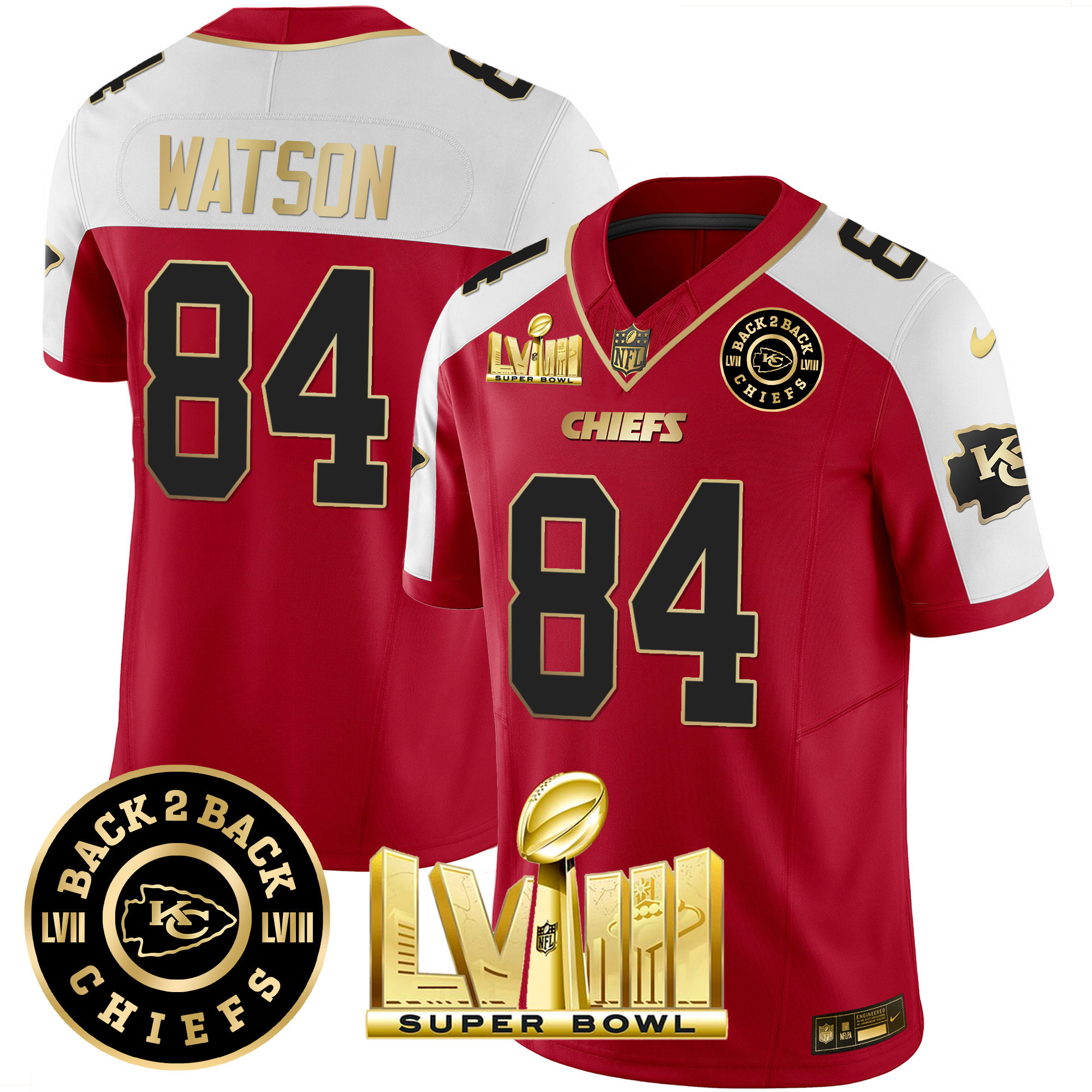 Justin Watson Men's Kansas City Chiefs Super Bowl LVIII & Back 2 Back Patch Vapor Red Alternate Jersey - All Stitched
