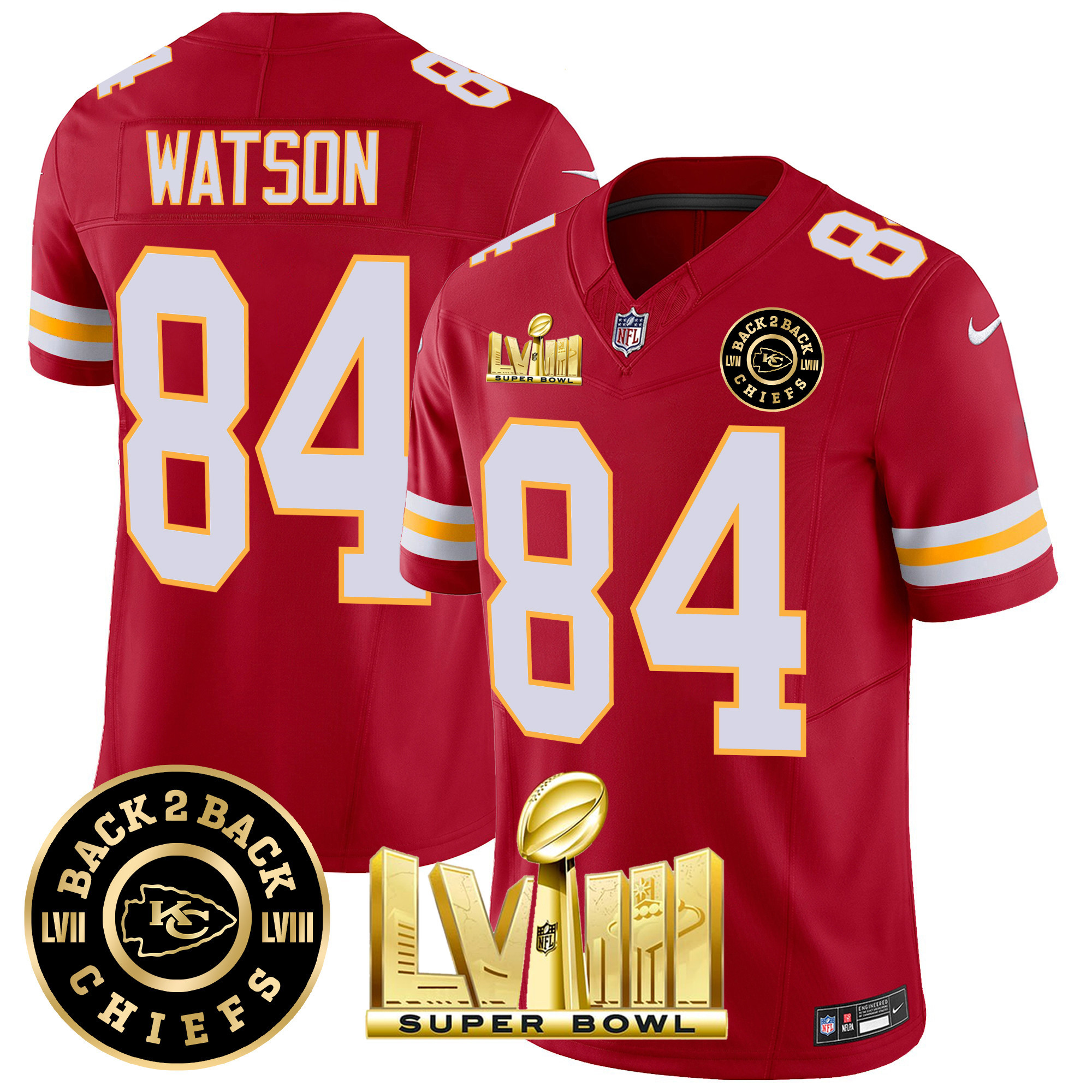 Justin Watson Men's Kansas City Chiefs Super Bowl LVIII & Back 2 Back Patch Vapor Red Jersey - All Stitched
