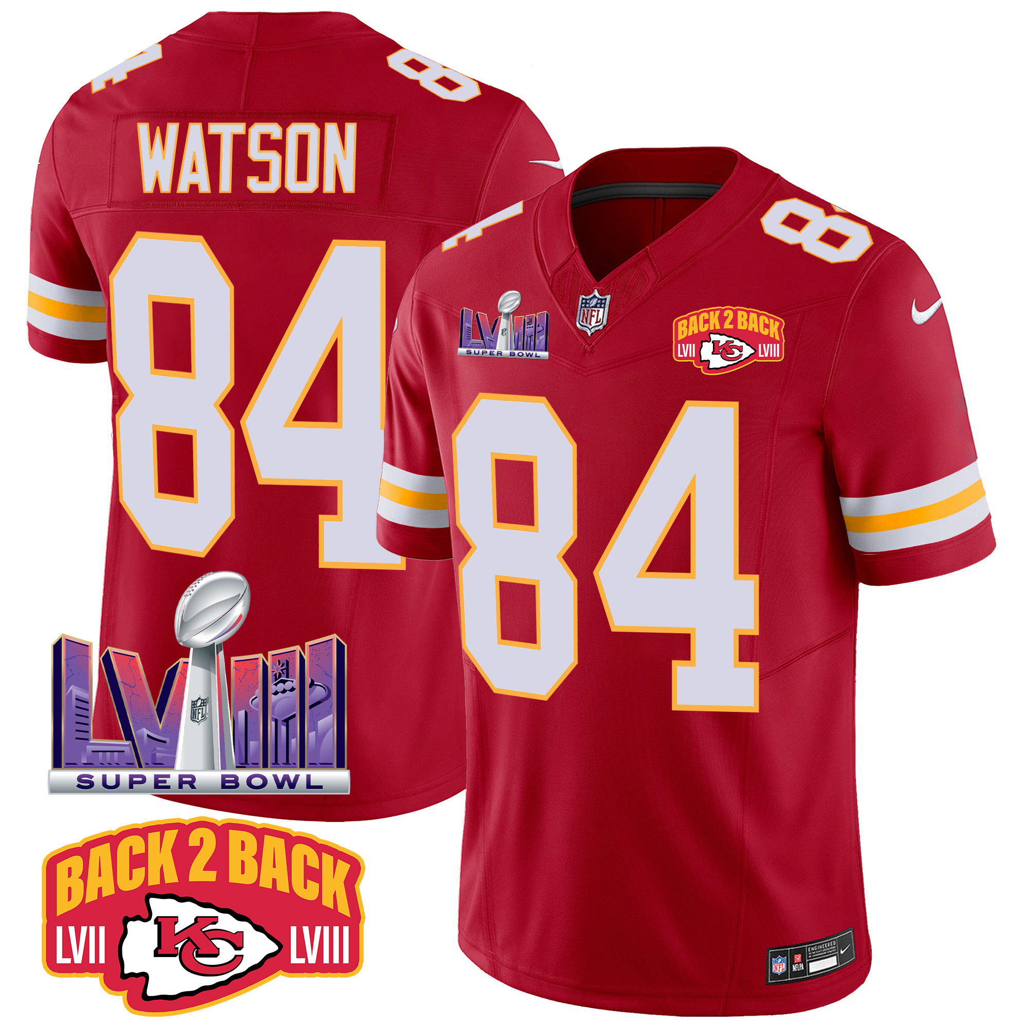 Justin Watson Men's Kansas City Chiefs Super Bowl LVIII & Back 2 Back Patch Vapor Red Jersey - All Stitched