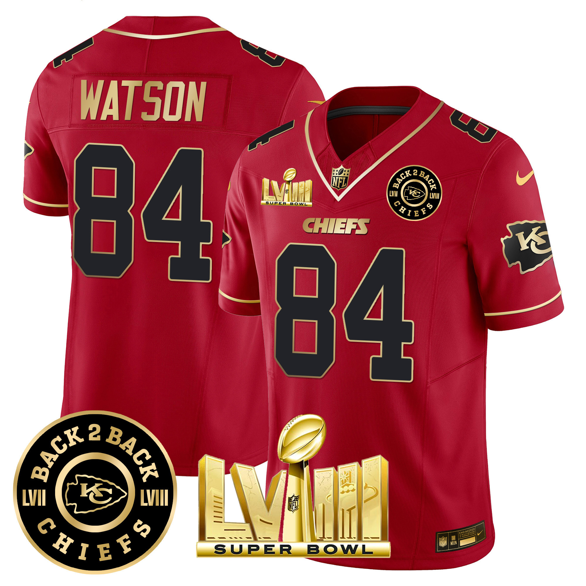 Justin Watson Men's Kansas City Chiefs Super Bowl LVIII & Back 2 Back Patch Vapor Red Special Jersey - All Stitched