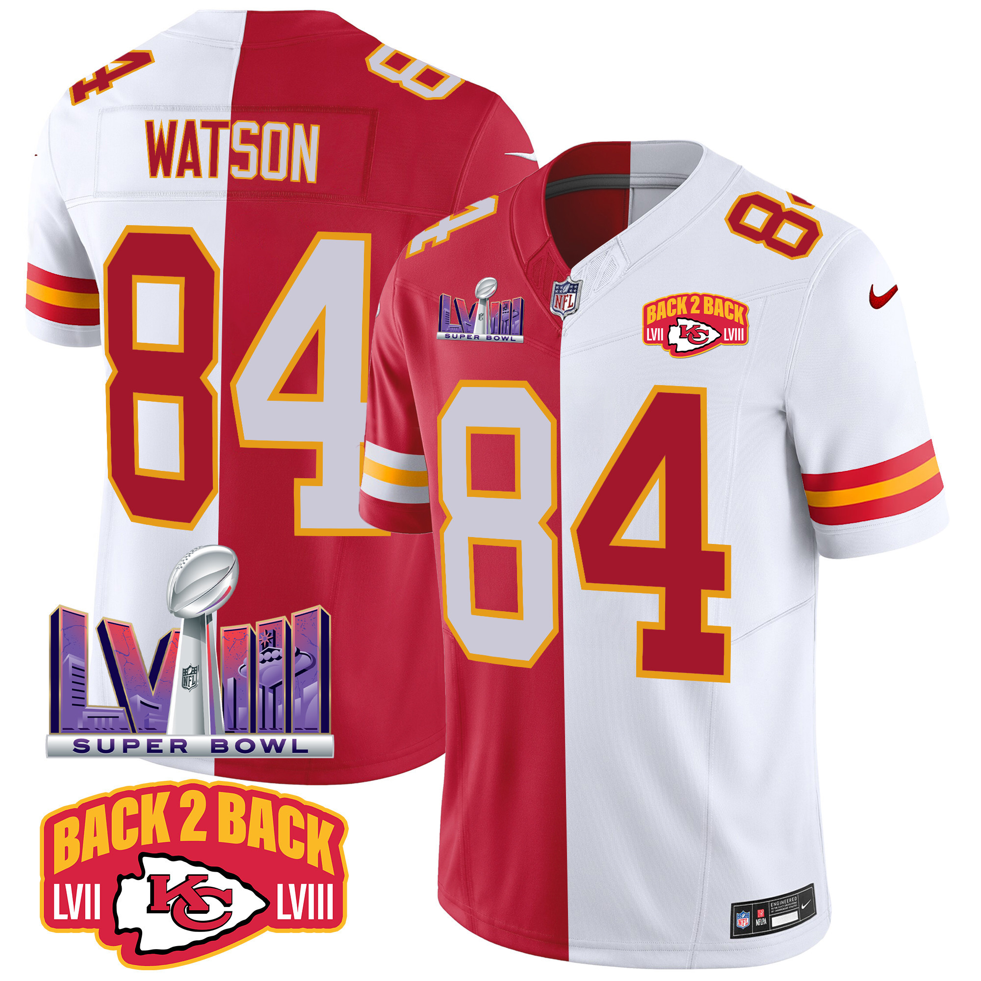 Justin Watson Men's Kansas City Chiefs Super Bowl LVIII & Back 2 Back Patch Vapor Split Jersey - All Stitched