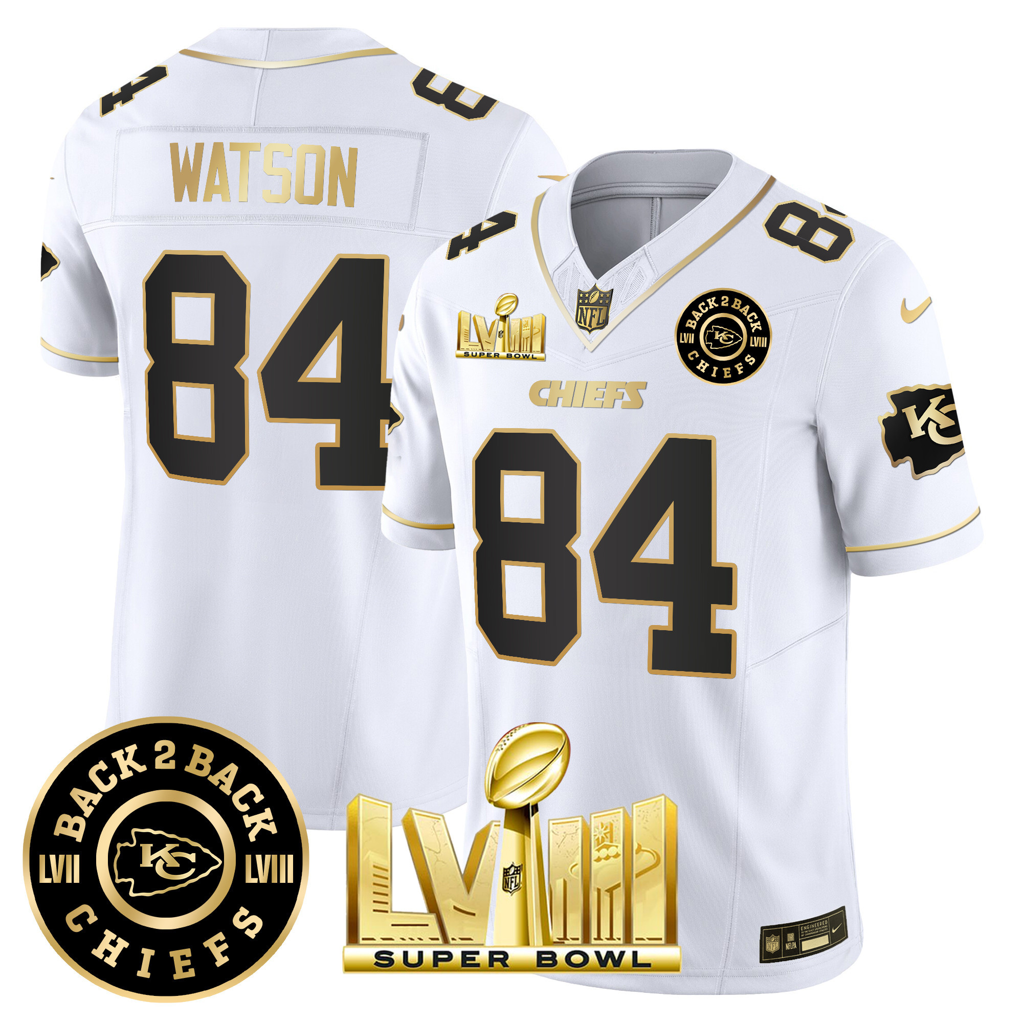 Justin Watson Men's Kansas City Chiefs Super Bowl LVIII & Back 2 Back Patch Vapor White Gold Jersey - All Stitched