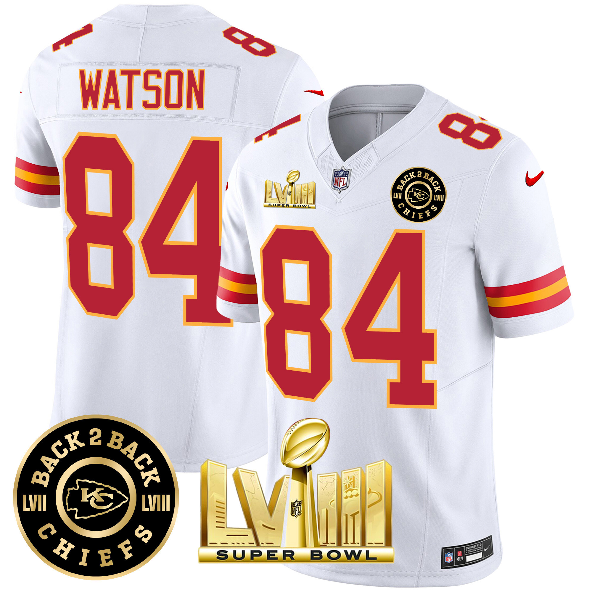 Justin Watson Men's Kansas City Chiefs Super Bowl LVIII & Back 2 Back Patch Vapor White Jersey - All Stitched