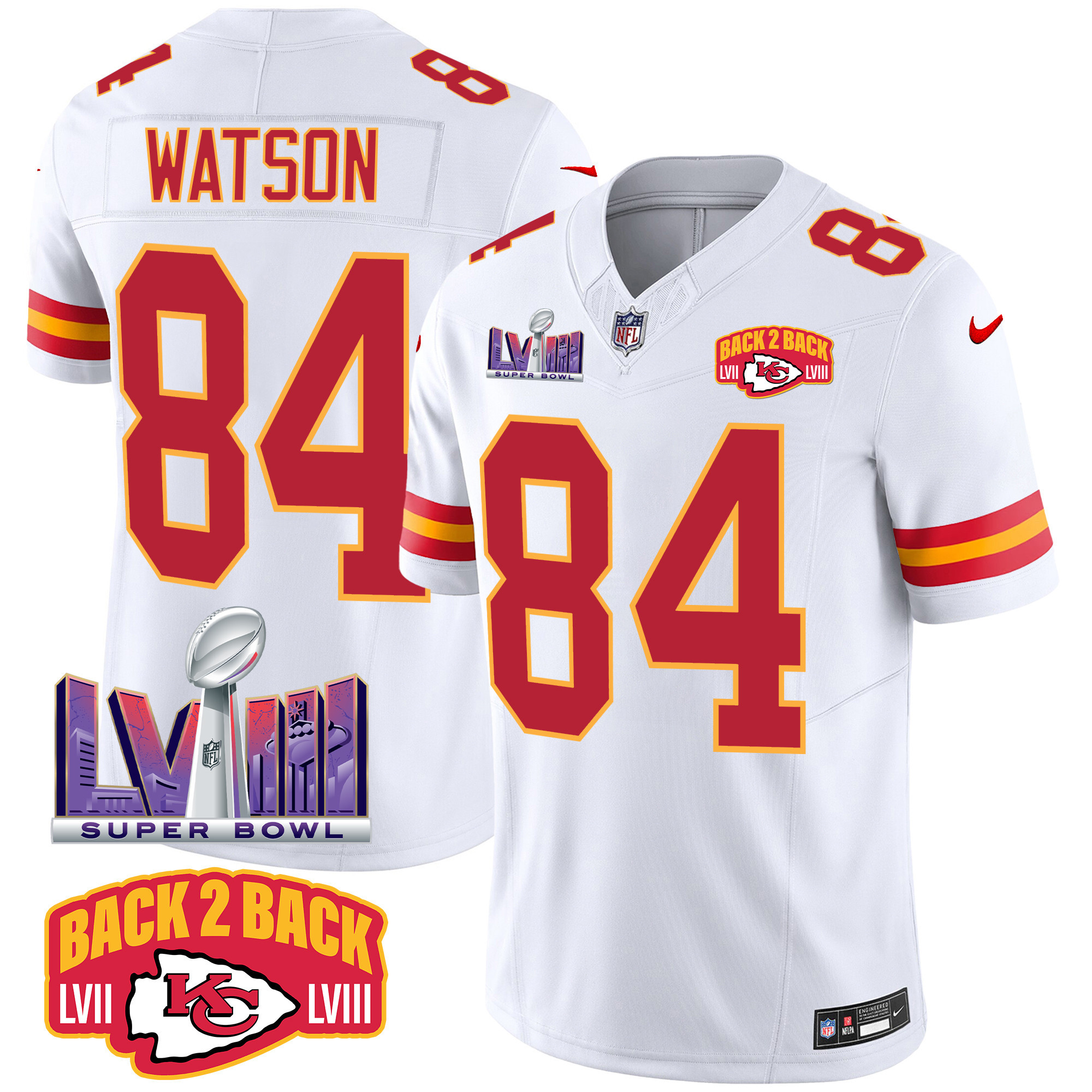 Justin Watson Men's Kansas City Chiefs Super Bowl LVIII & Back 2 Back Patch Vapor White Jersey - All Stitched