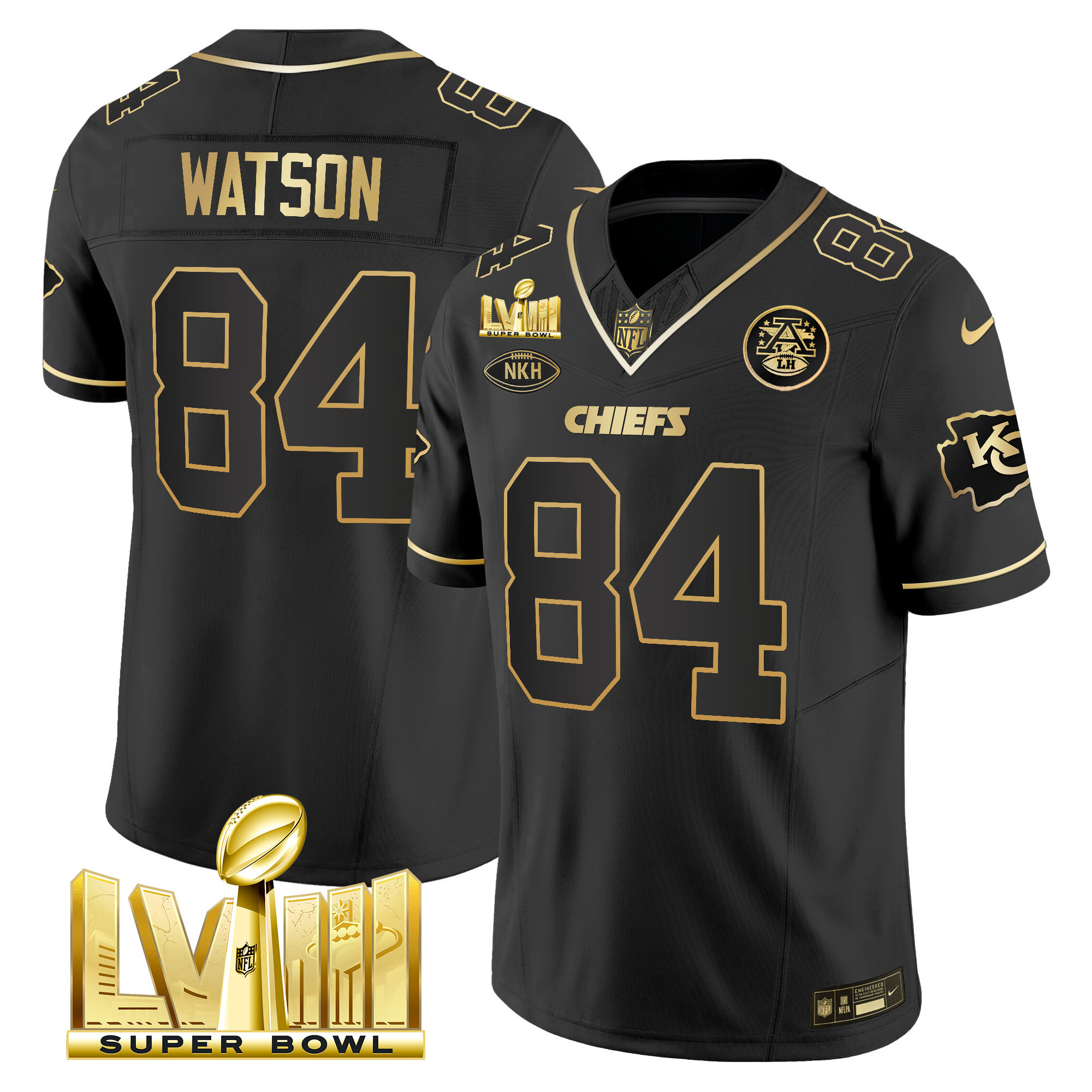 Justin Watson Men's Kansas City Chiefs Super Bowl LVIII Gold Patch Vapor Black Gold Jersey - All Stitched