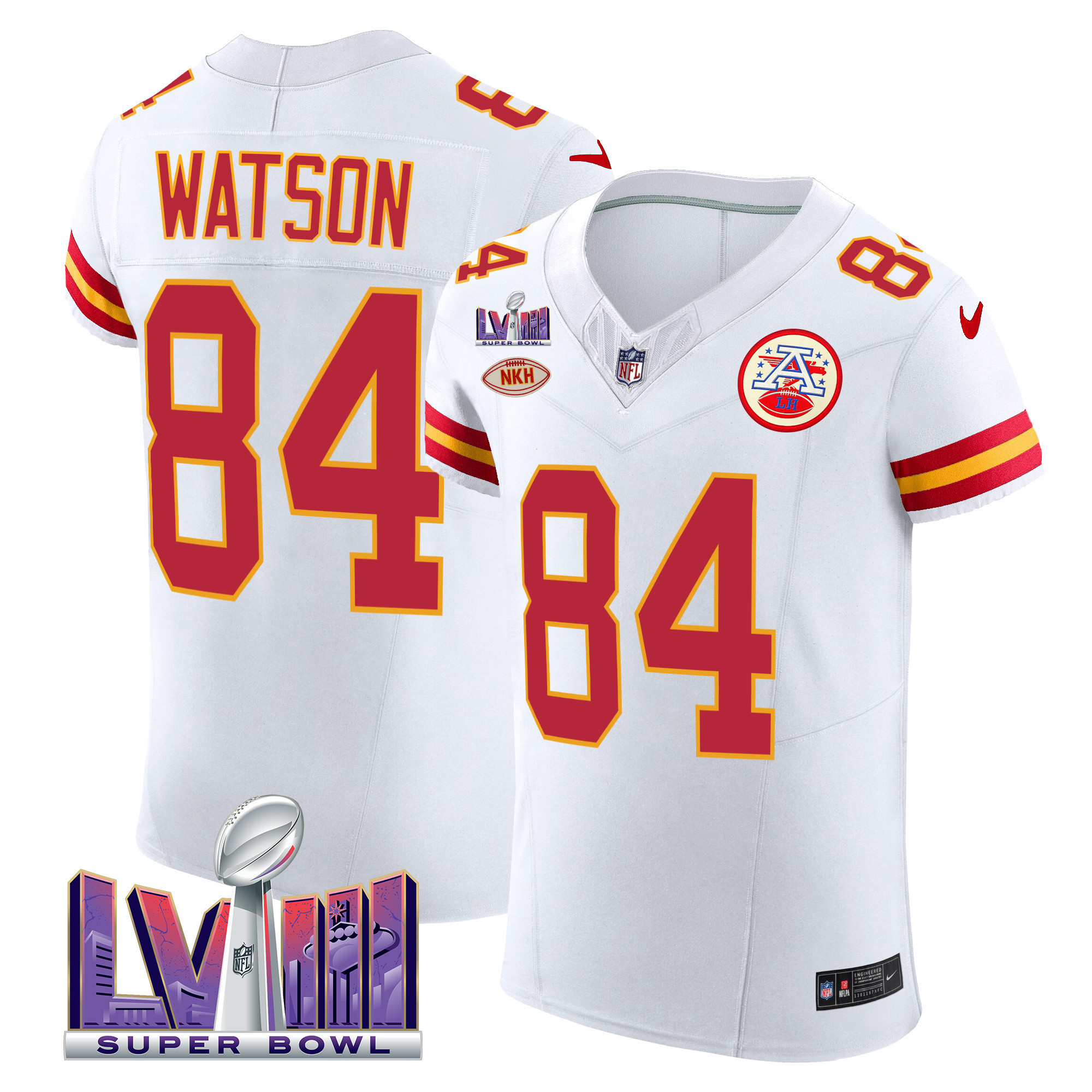 Justin Watson Men's Kansas City Chiefs Super Bowl LVIII Gold Patch Vapor Elite White Jersey - All Stitched