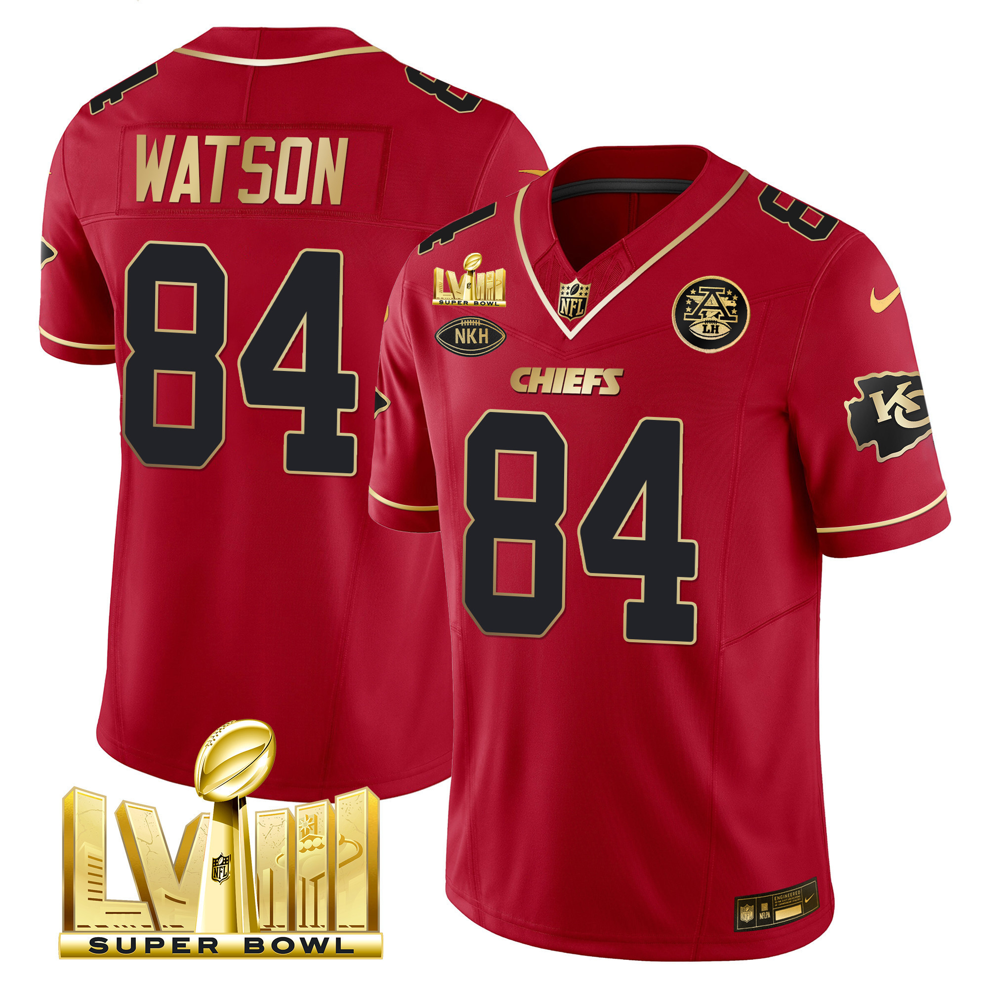 Justin Watson Men's Kansas City Chiefs Super Bowl LVIII Gold Patch Vapor Red Gold Jersey - All Stitched