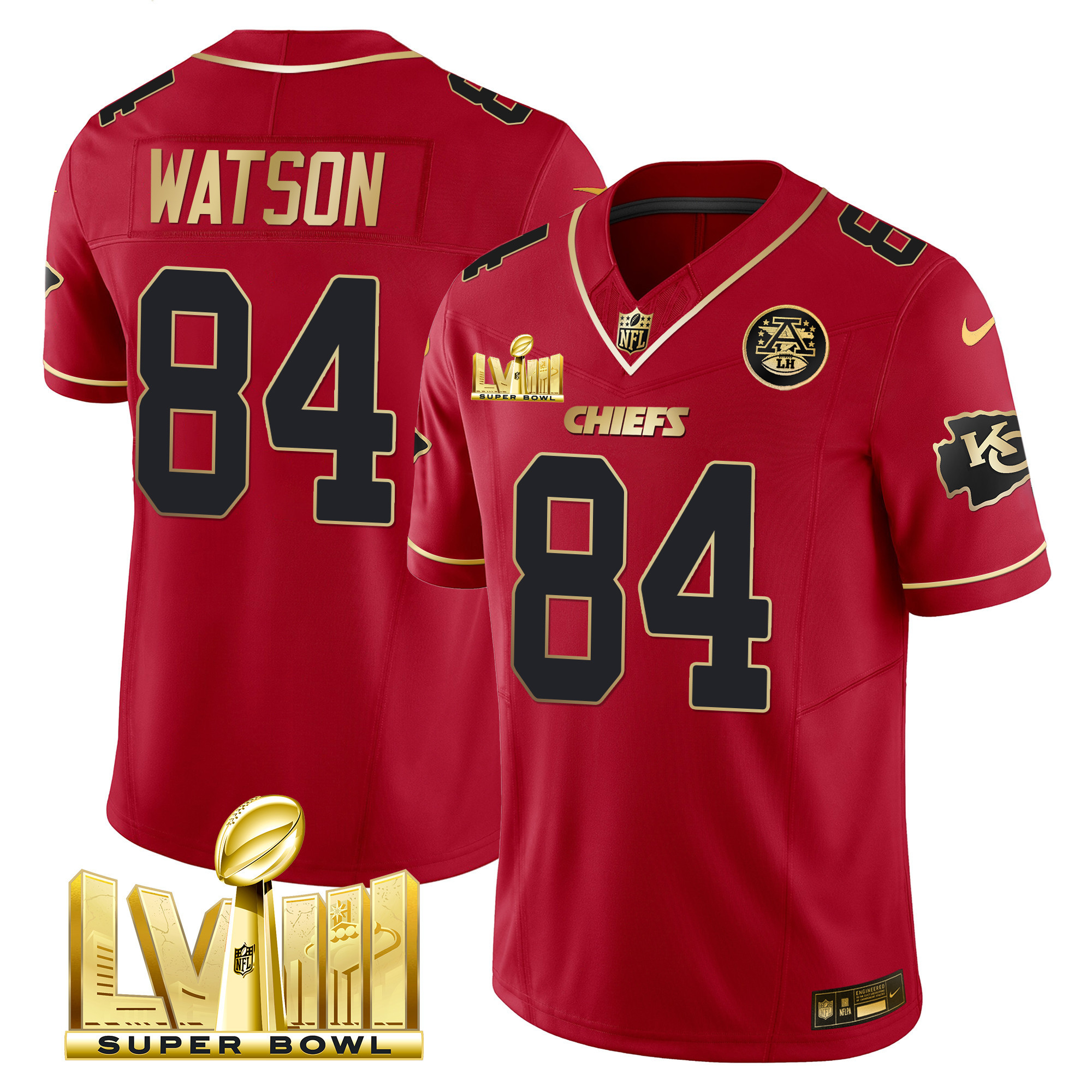 Justin Watson Men's Kansas City Chiefs Super Bowl LVIII Gold Patch Vapor Red Special Jersey - All Stitched