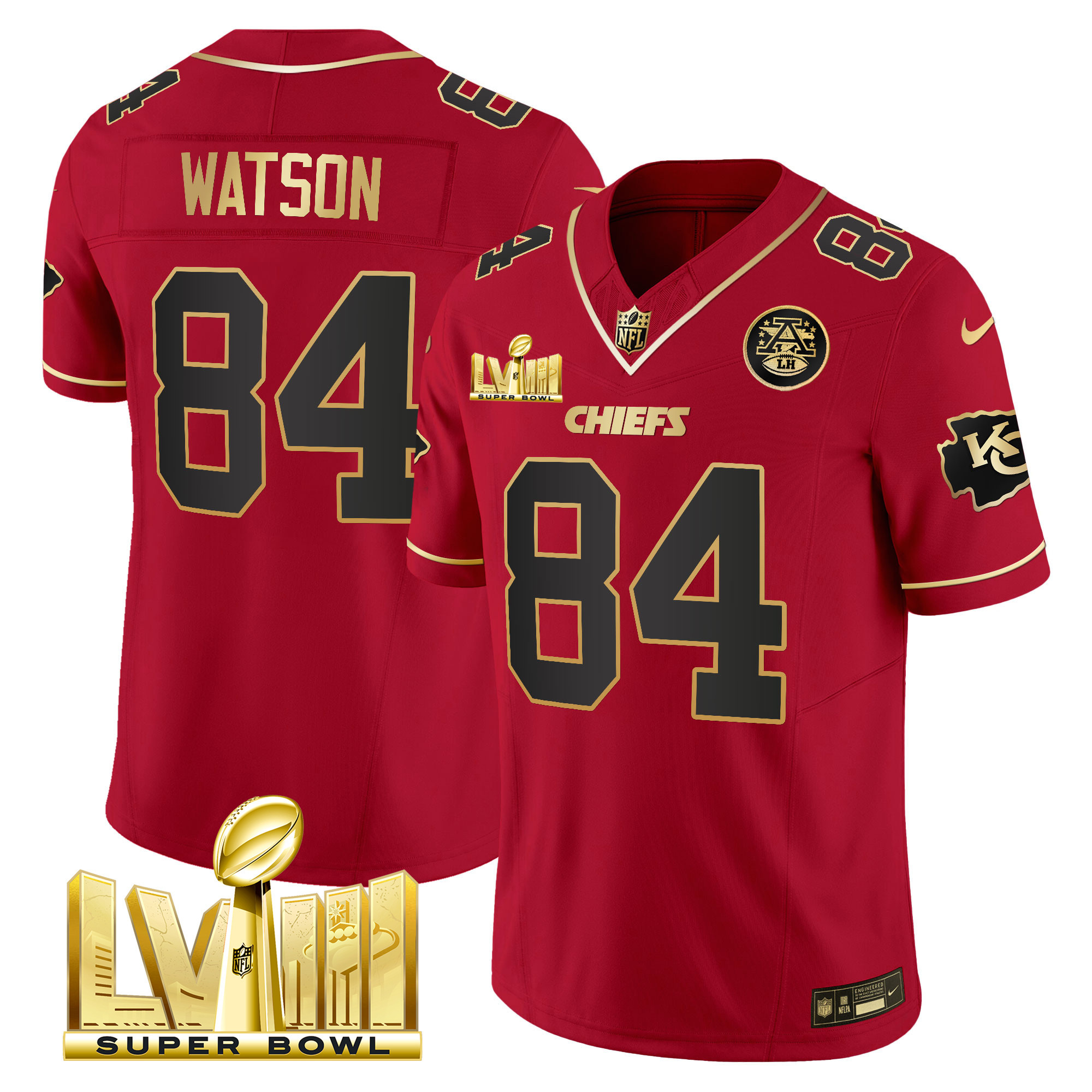 Justin Watson Men's Kansas City Chiefs Super Bowl LVIII Gold Patch Vapor Red Special Jersey - All Stitched