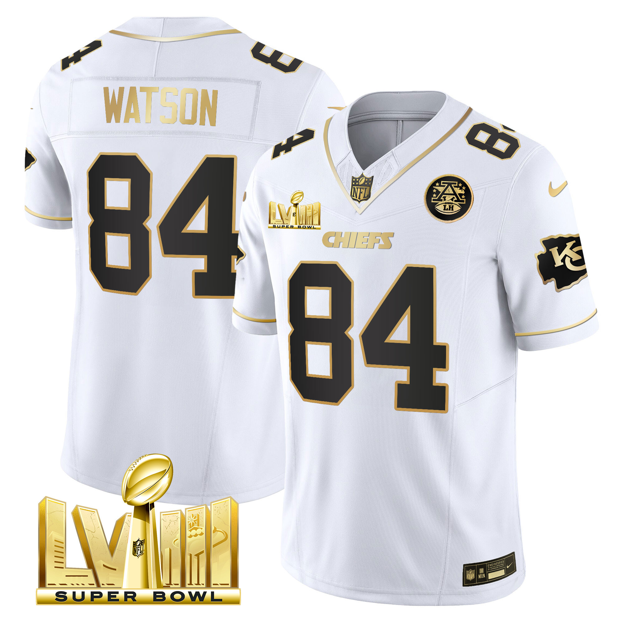 Justin Watson Men's Kansas City Chiefs Super Bowl LVIII Gold Patch Vapor White Gold Jersey - All Stitched