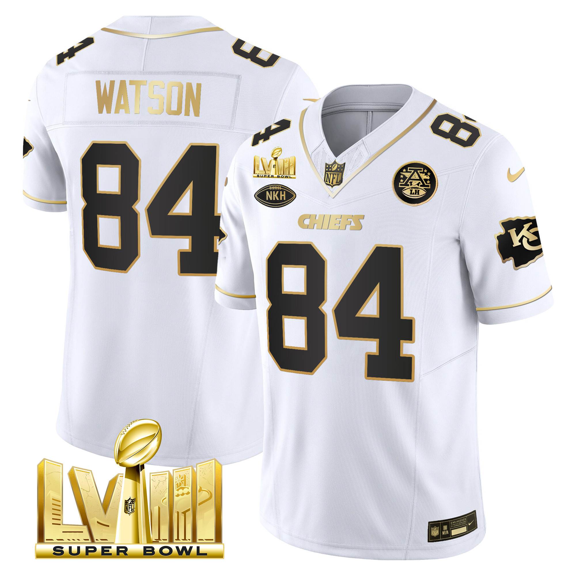 Justin Watson Men's Kansas City Chiefs Super Bowl LVIII Gold Patch Vapor White Gold Jersey - All Stitched