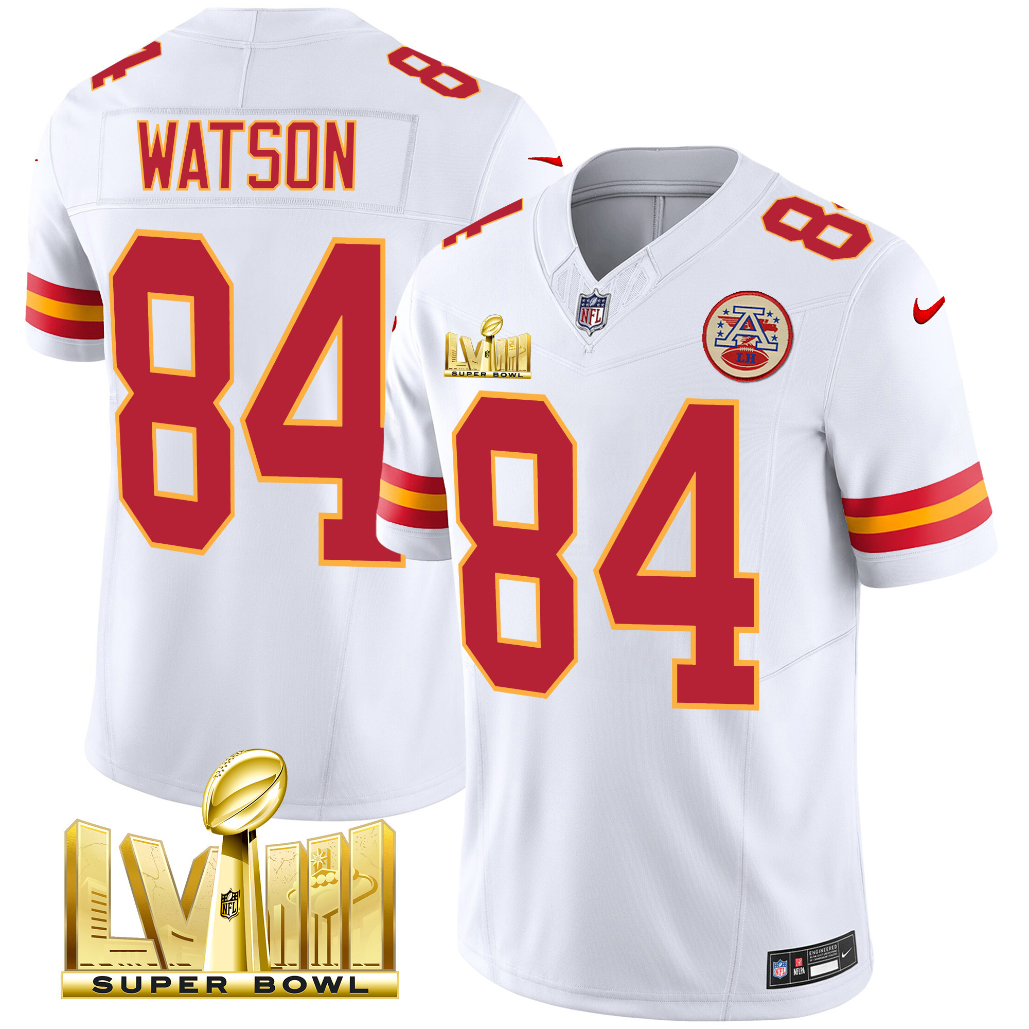 Justin Watson Men's Kansas City Chiefs Super Bowl LVIII Gold Patch Vapor White Jersey - All Stitched