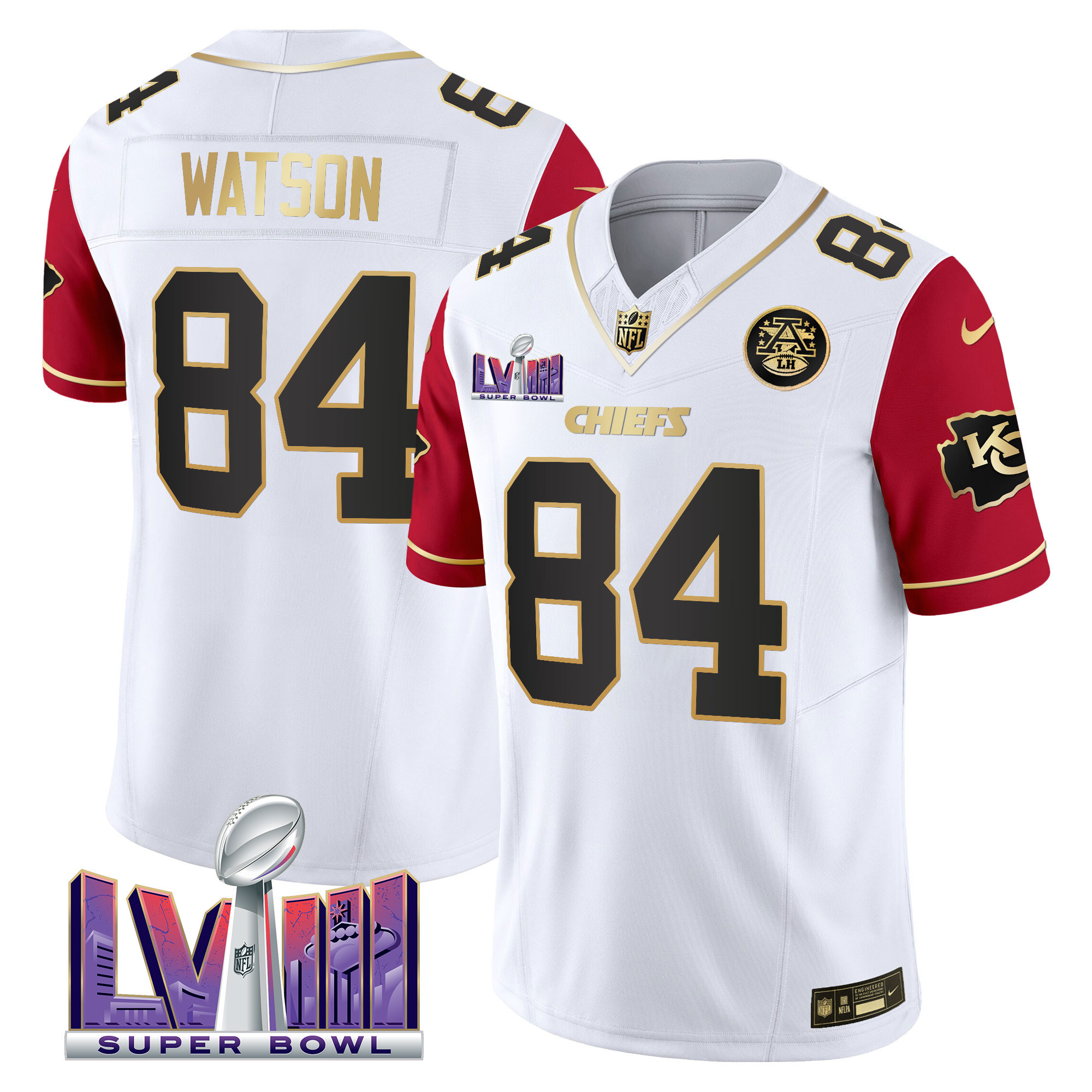 Justin Watson Men's Kansas City Chiefs Super Bowl LVIII Patch Vapor Color Sleeves Jersey - All Stitched