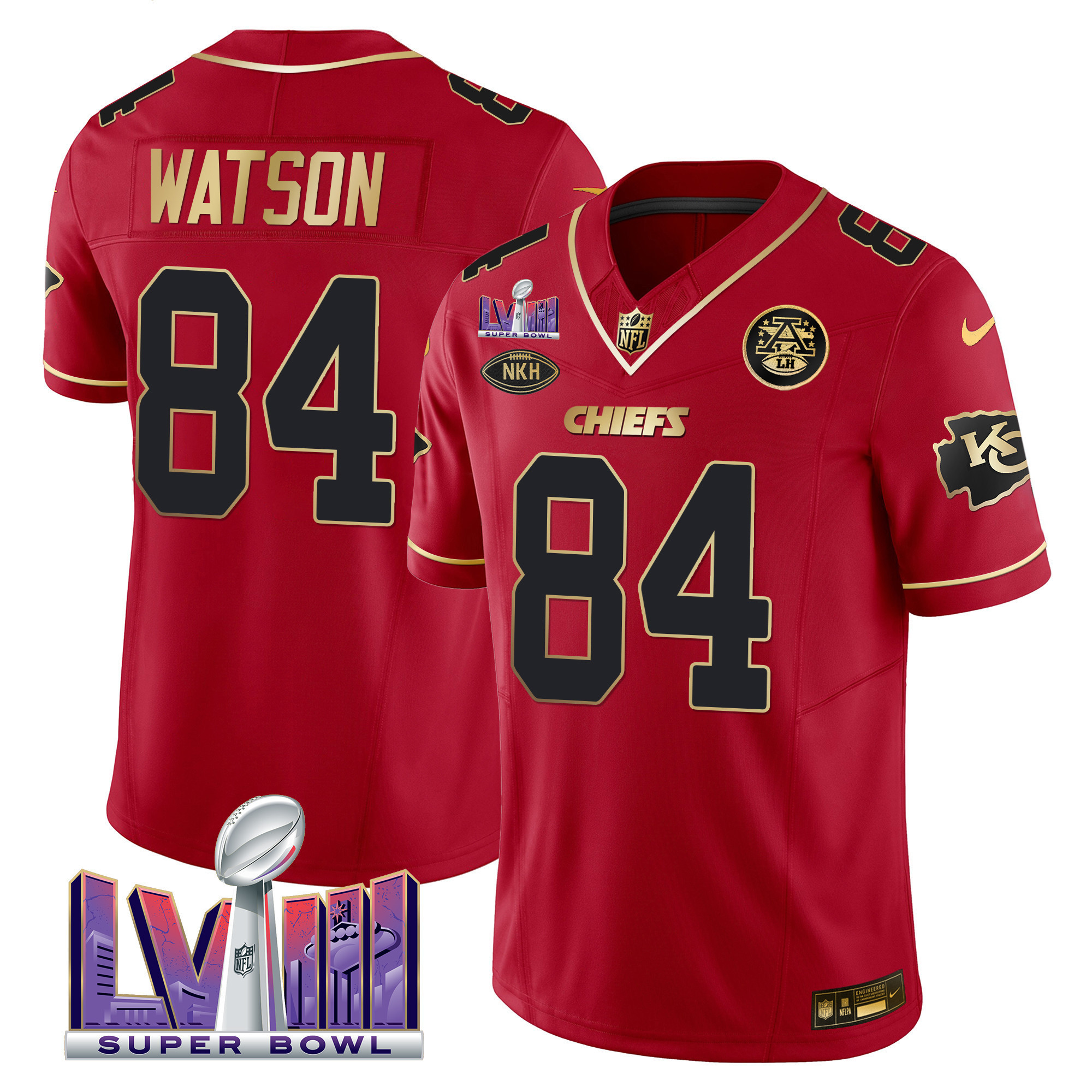 Justin Watson Men's Kansas City Chiefs Super Bowl LVIII Patch Vapor Red Gold Jersey - All Stitched