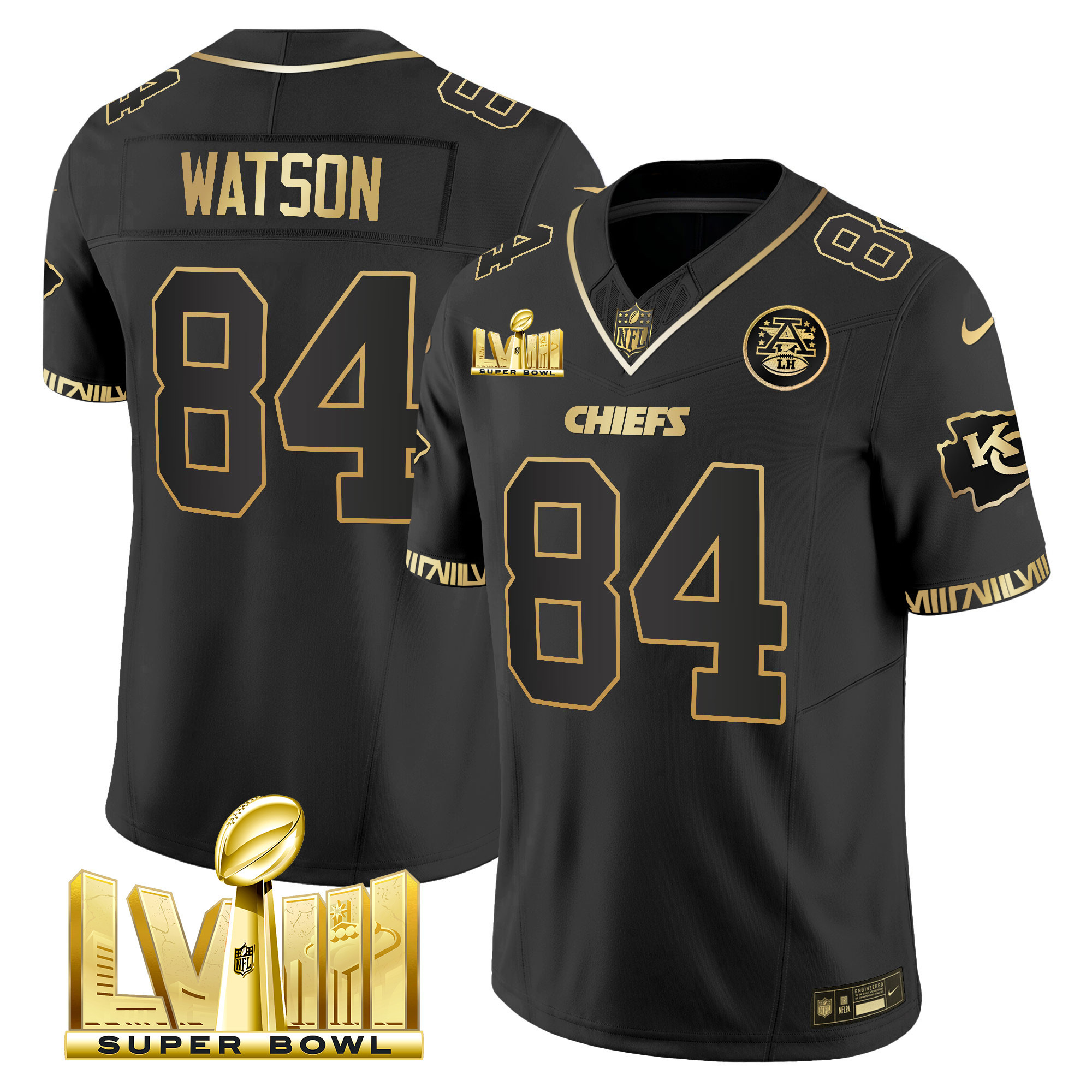 Justin Watson Men's Kansas City Chiefs Super Bowl LVIII Pattern Gold Vapor Black Gold Jersey - All Stitched