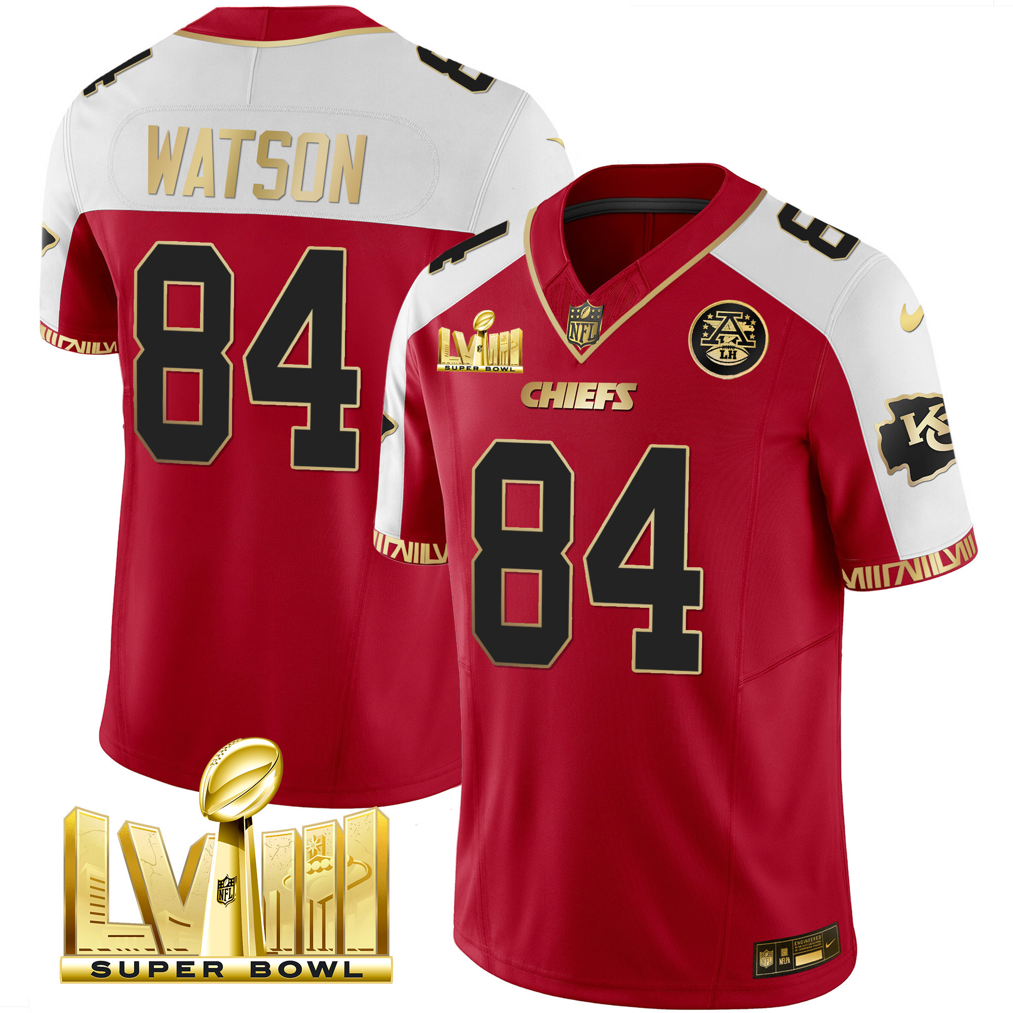 Justin Watson Men's Kansas City Chiefs Super Bowl LVIII Pattern Gold Vapor Red Alternate Jersey - All Stitched