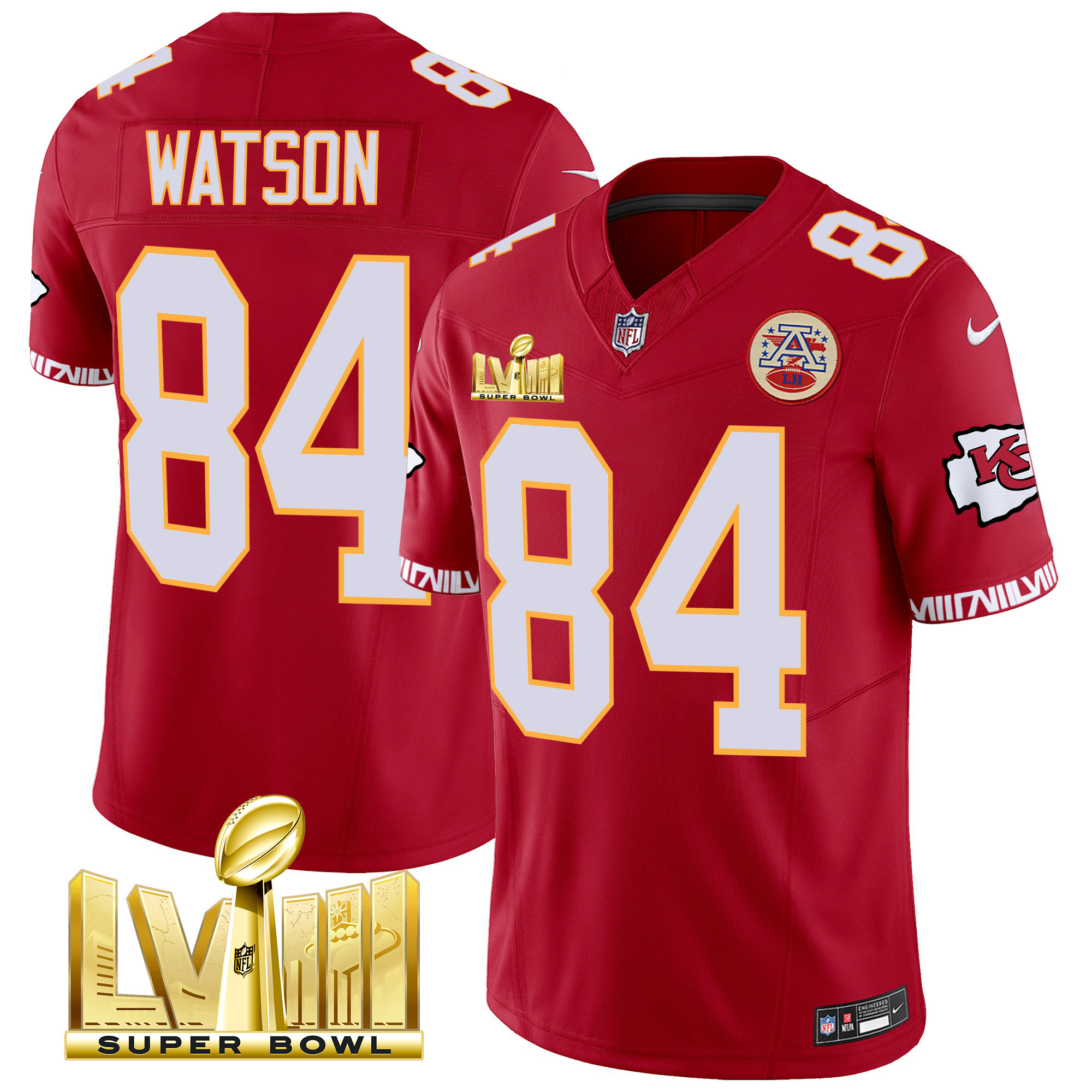 Justin Watson Men's Kansas City Chiefs Super Bowl LVIII Pattern Gold Vapor Red Jersey - All Stitched
