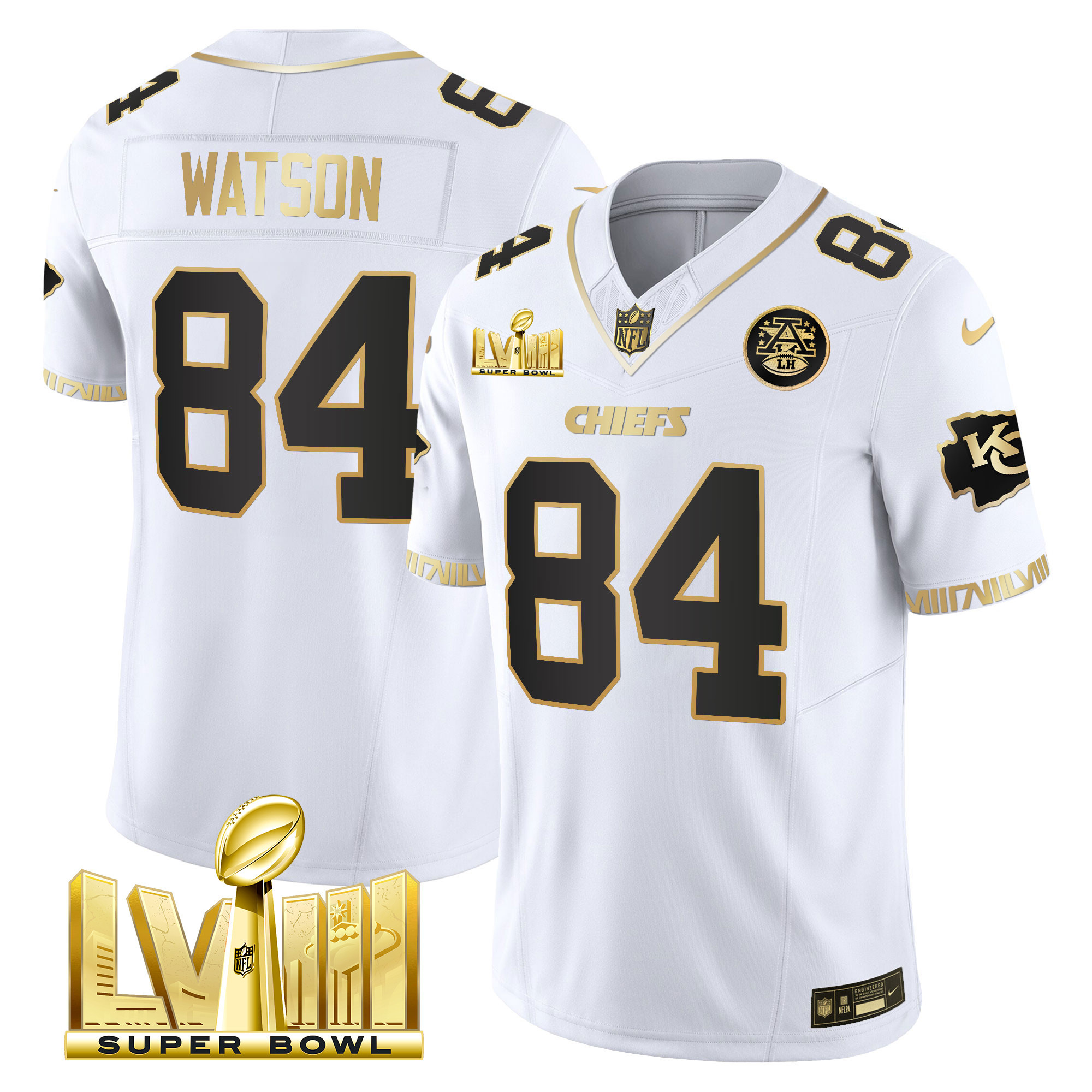 Justin Watson Men's Kansas City Chiefs Super Bowl LVIII Pattern Gold Vapor White Gold Jersey - All Stitched