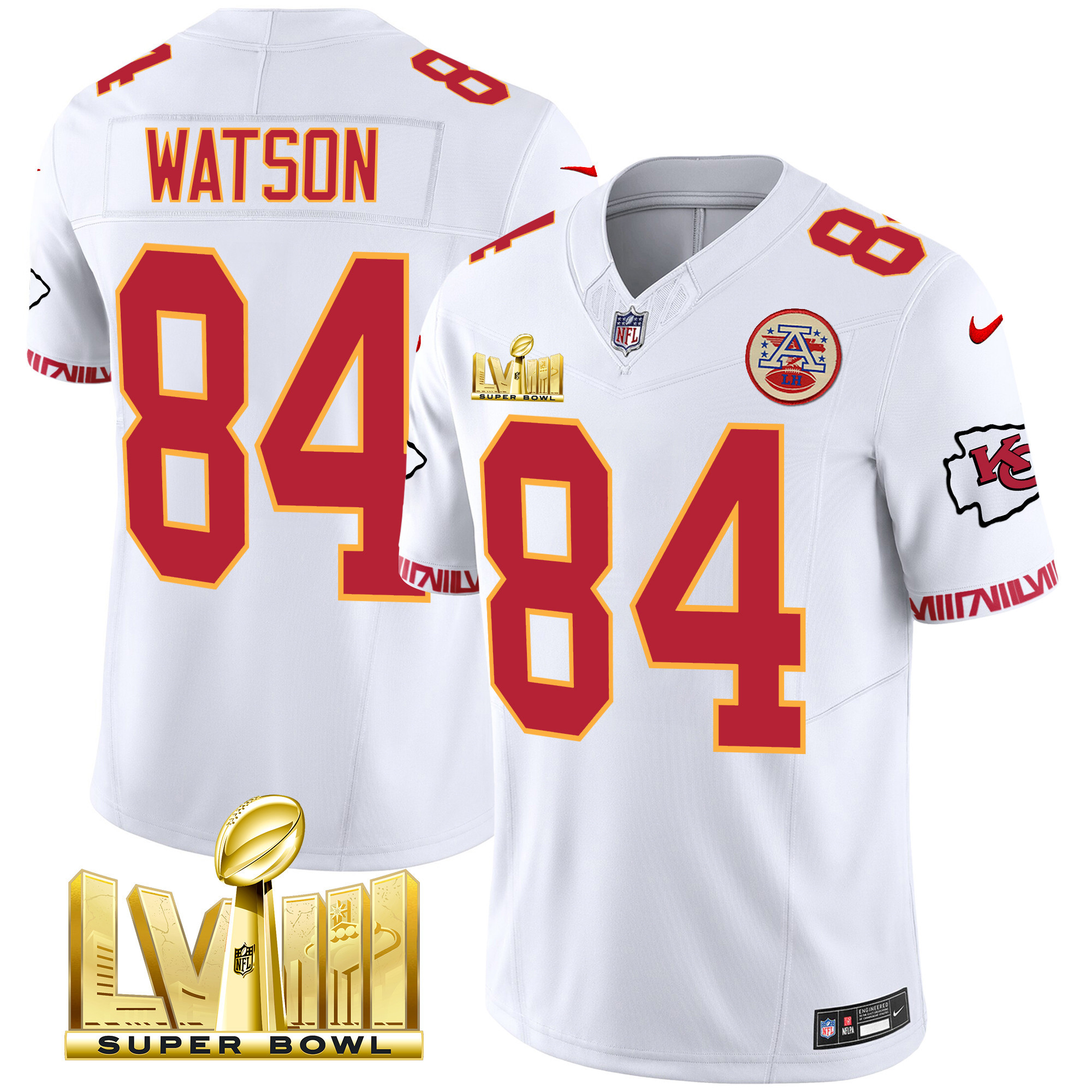Justin Watson Men's Kansas City Chiefs Super Bowl LVIII Pattern Gold Vapor White Jersey - All Stitched