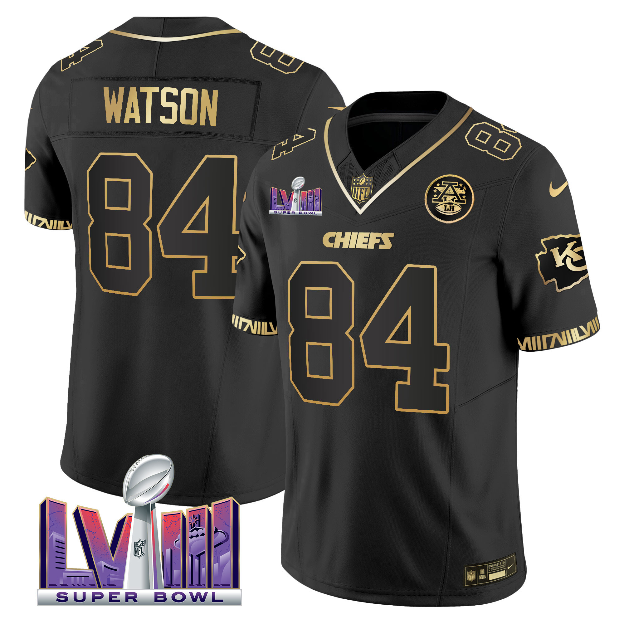 Justin Watson Men's Kansas City Chiefs Super Bowl LVIII Pattern Vapor Black Gold Jersey - All Stitched