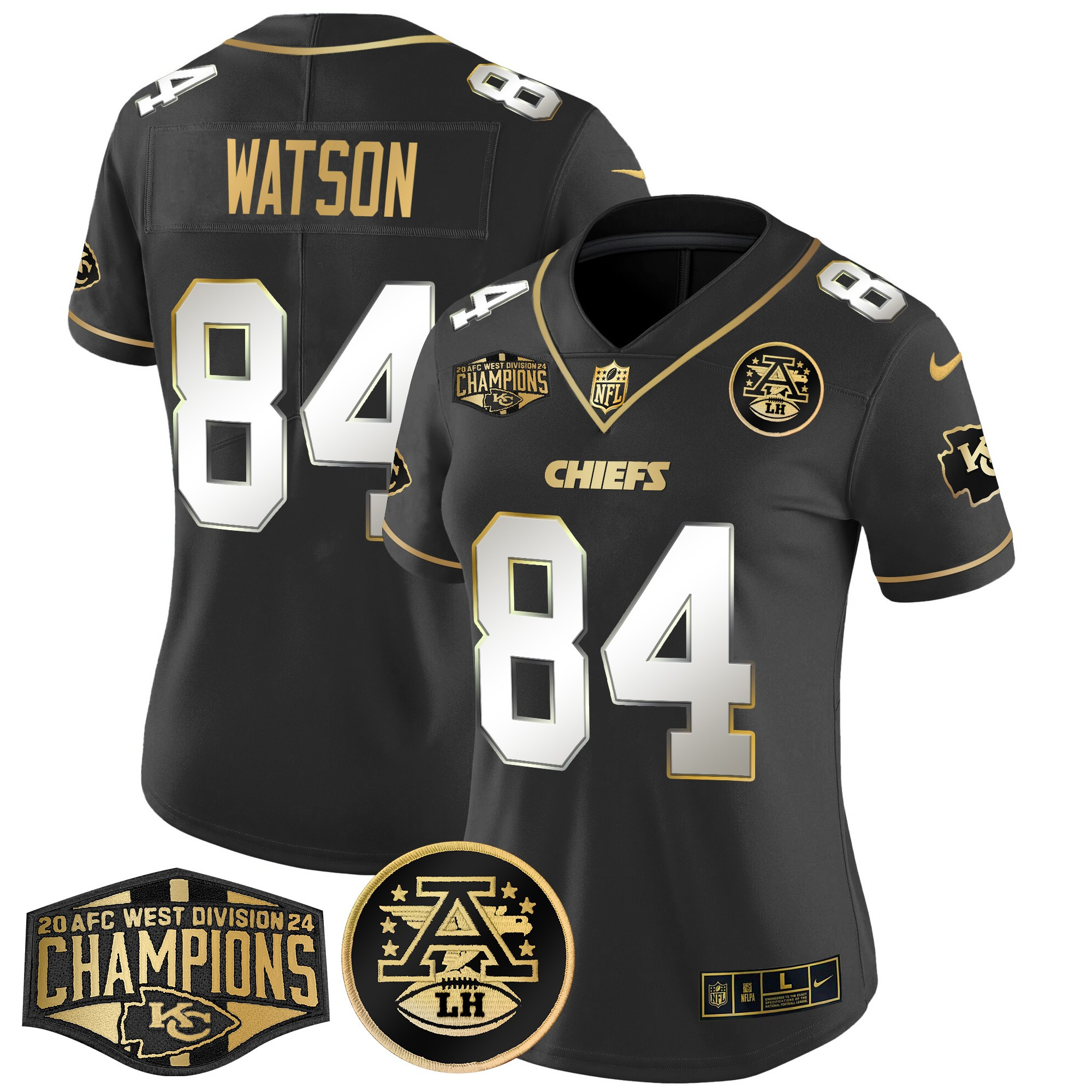 Justin Watson Women's Kansas City Chiefs 2024 AFC West Division Champions Patch Gold Vapor Limited Black Limited Jersey - All Stitched