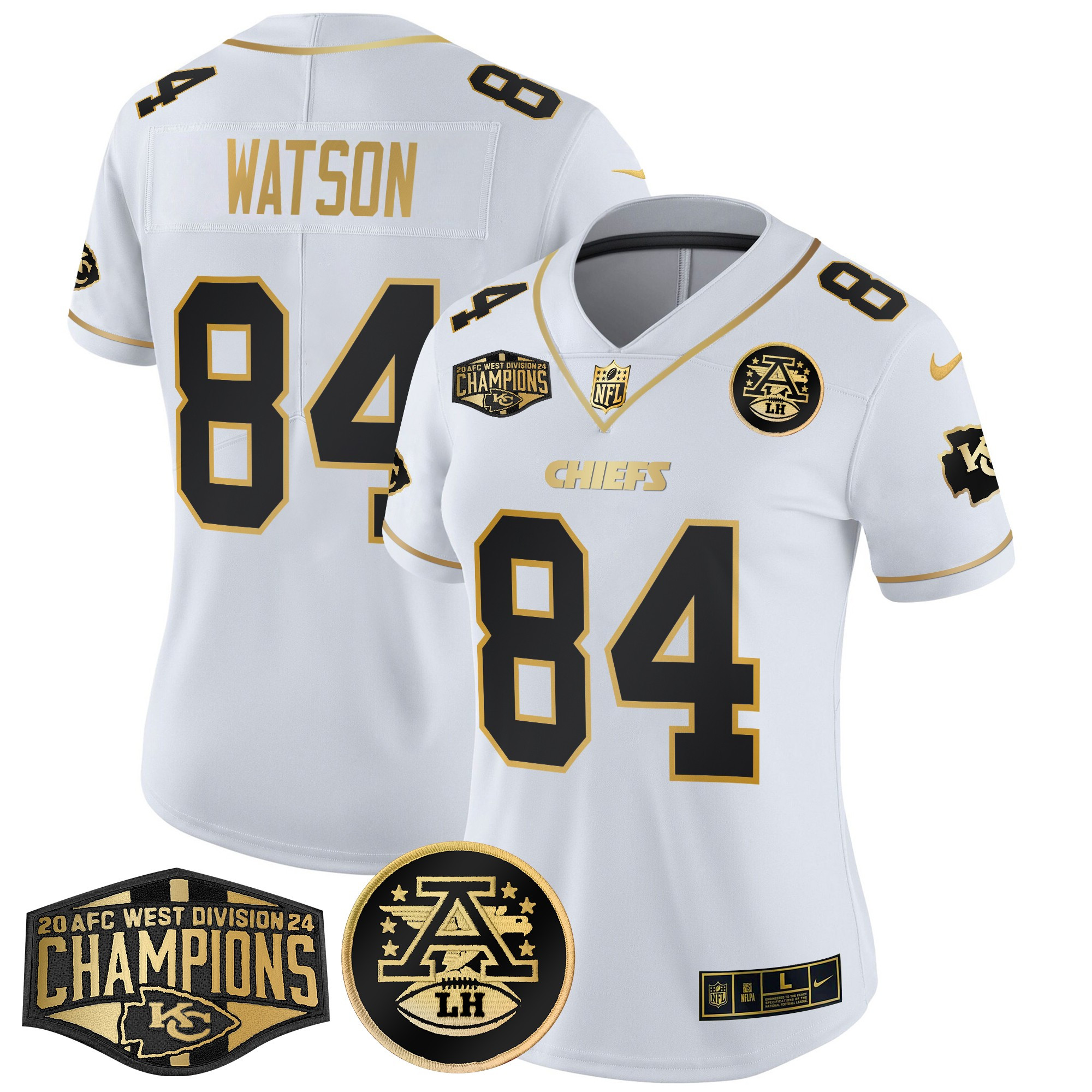 Justin Watson Women's Kansas City Chiefs 2024 AFC West Division Champions Patch Gold Vapor Limited White Gold Jersey - All Stitched