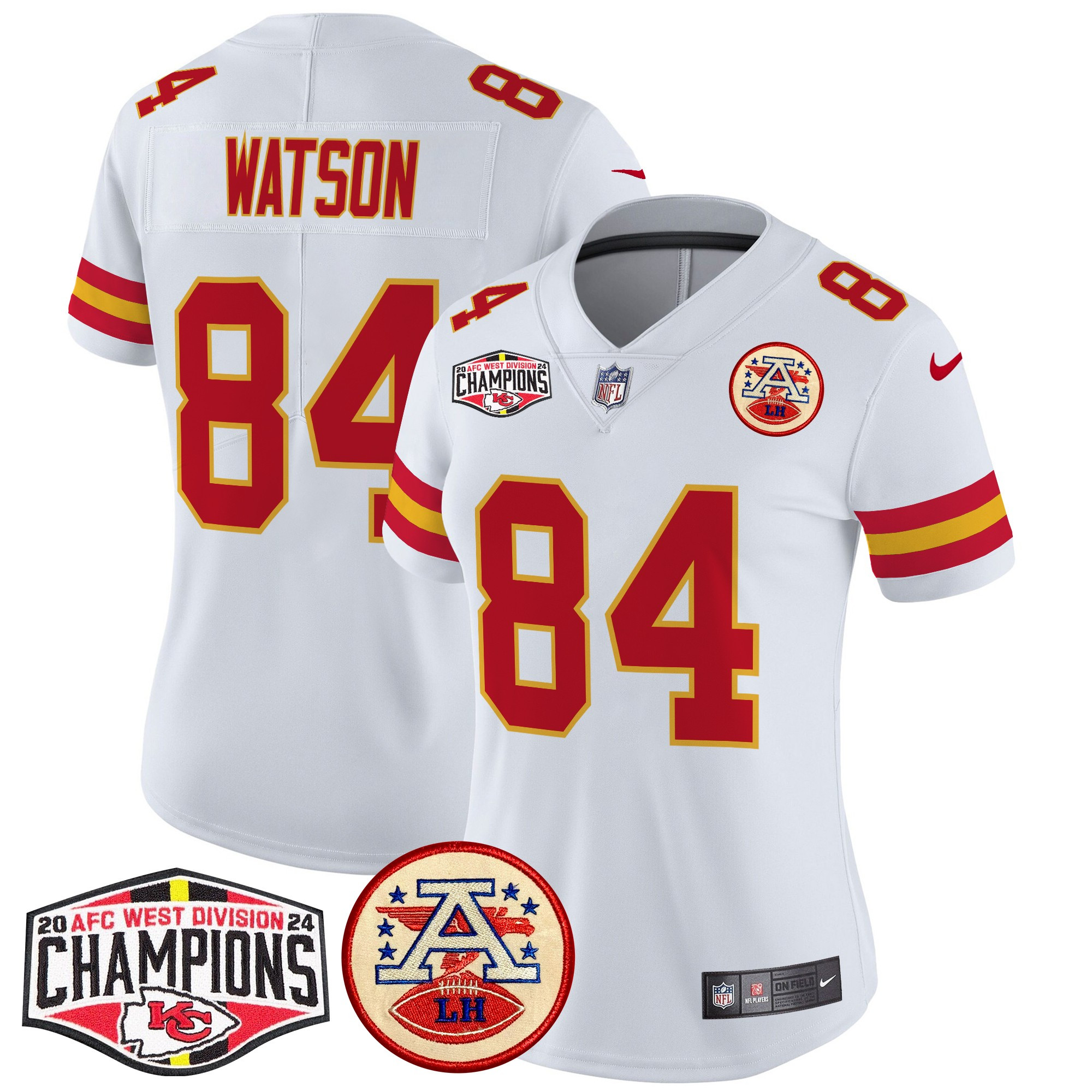 Justin Watson Women's Kansas City Chiefs 2024 AFC West Division Champions Patch Vapor Limited White Jersey - All Stitched