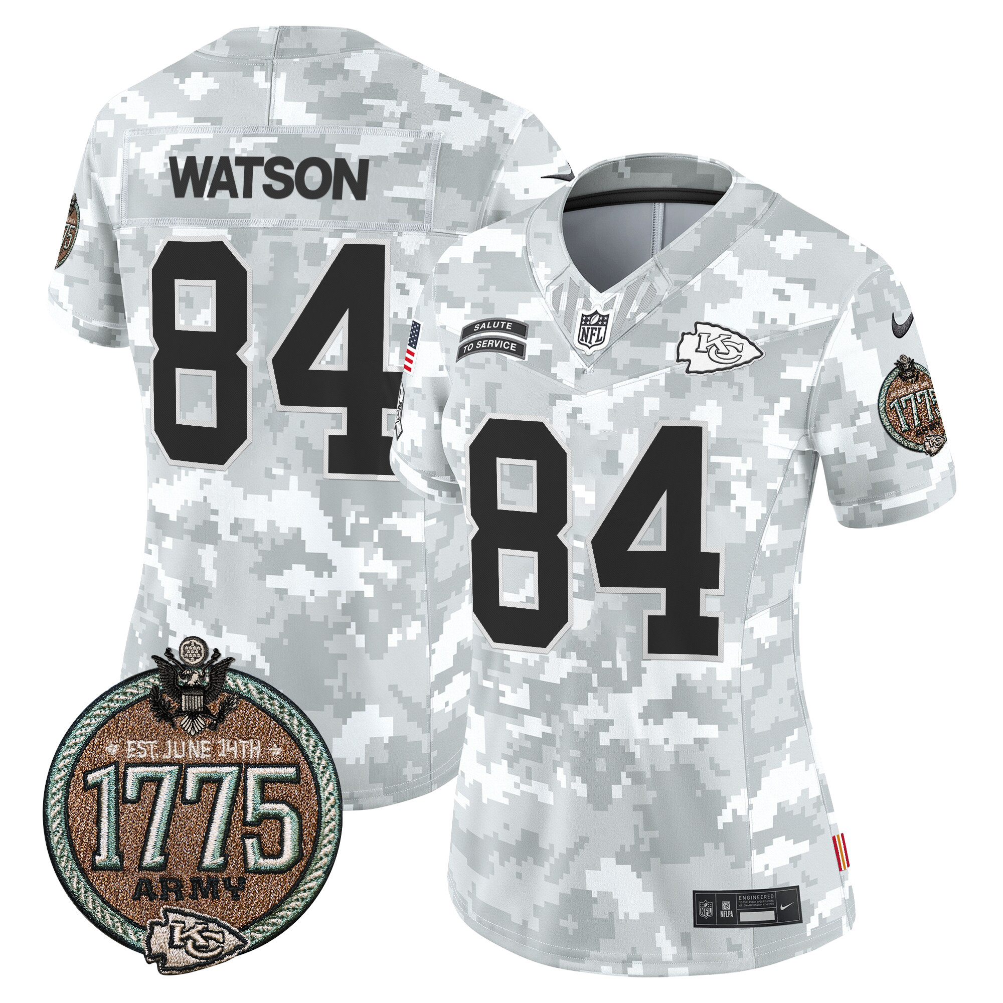 Justin Watson Women's Kansas City Chiefs 2024 Salute to Service Establishment Year Patch Vapor Limited Army Jersey - All Stitched