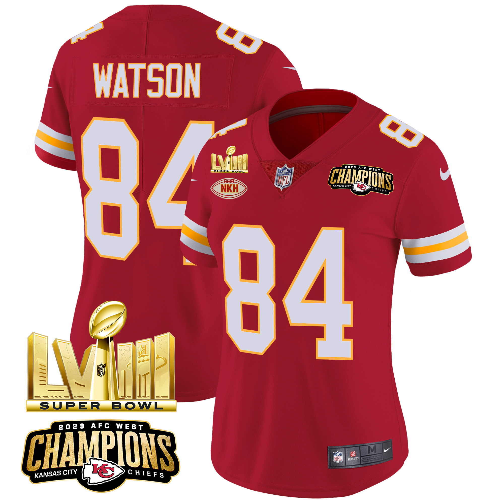 Justin Watson Women's Kansas City Chiefs AFC West Champions & Super Bowl LVIII Gold Patch Vapor Red Jersey - All Stitched